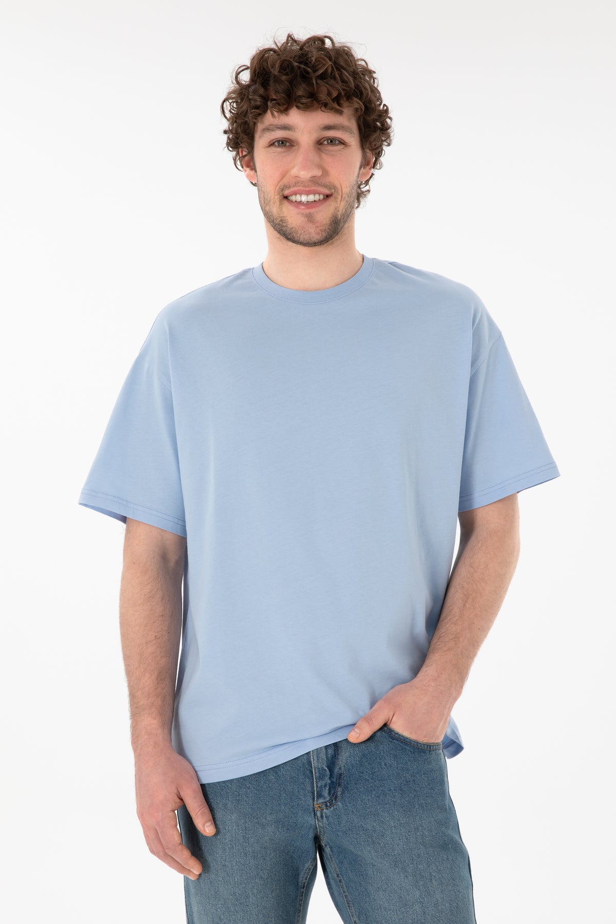 Tricou Bărbați Albastru Deschis Cu Guler Rotund Oversize