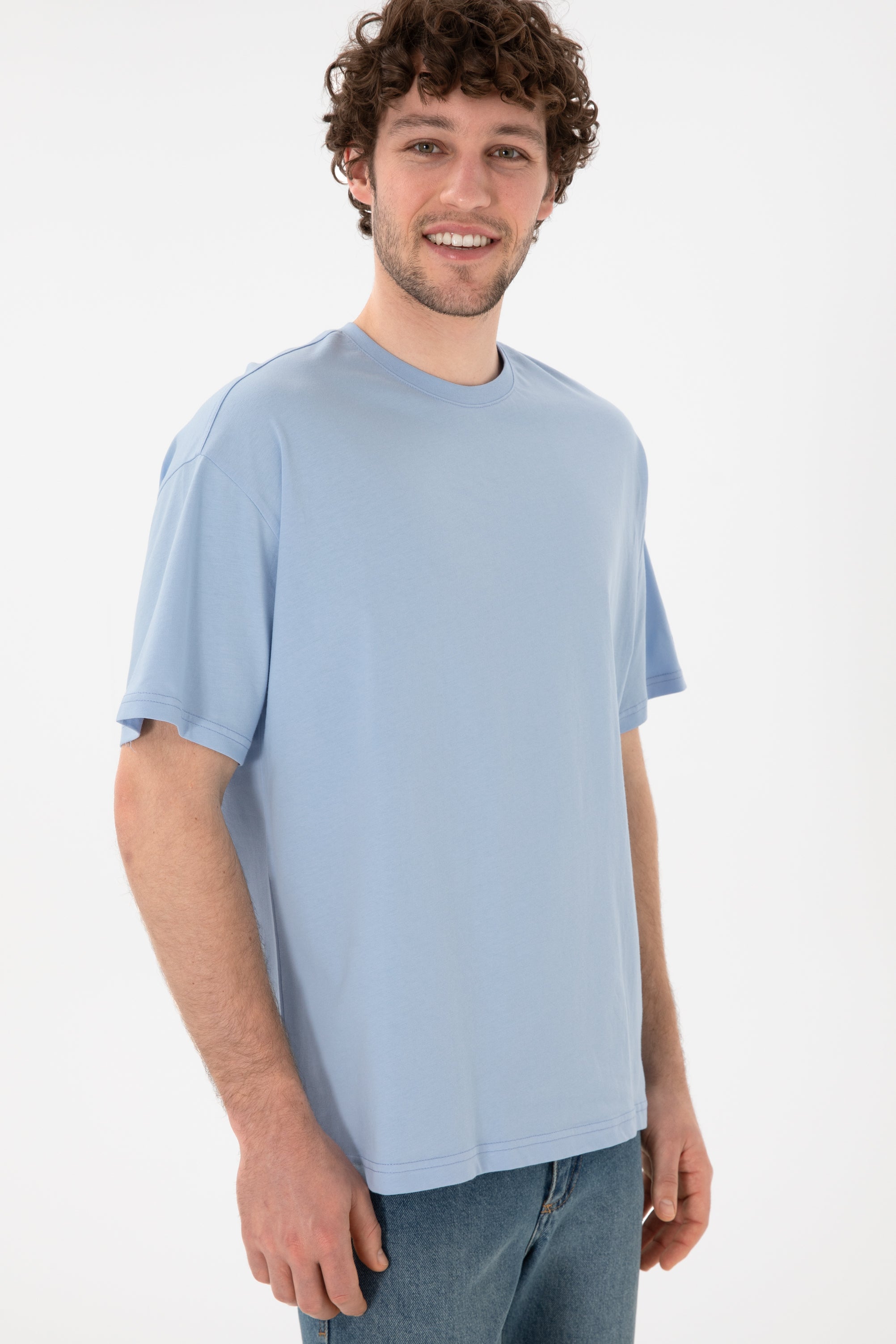 Tricou Bărbați Albastru Deschis Cu Guler Rotund Oversize