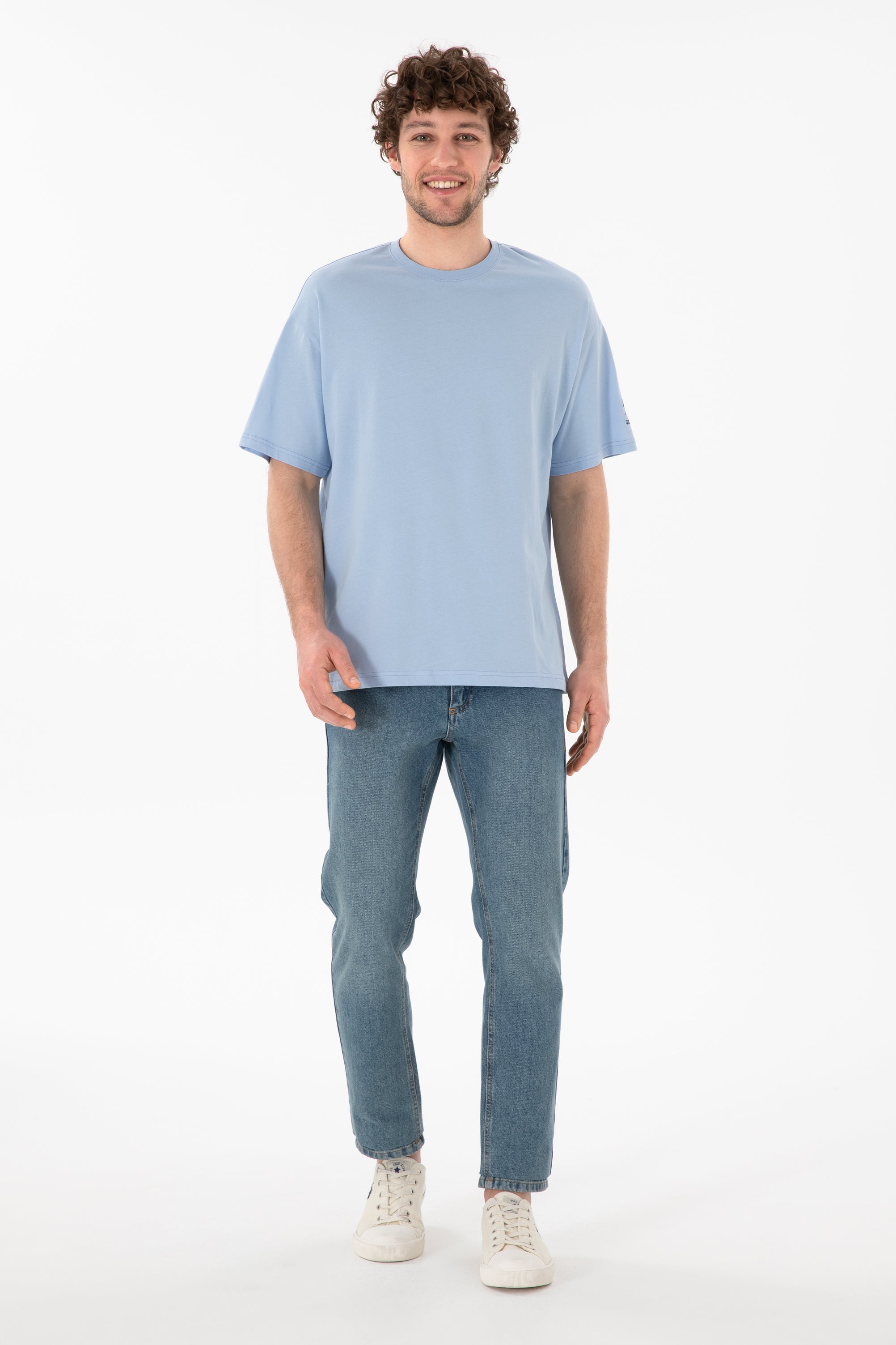 Tricou Bărbați Albastru Deschis Cu Guler Rotund Oversize