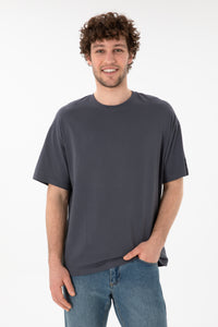 Tricou Bărbați Gri Petrol Cu Guler Rotund Oversize