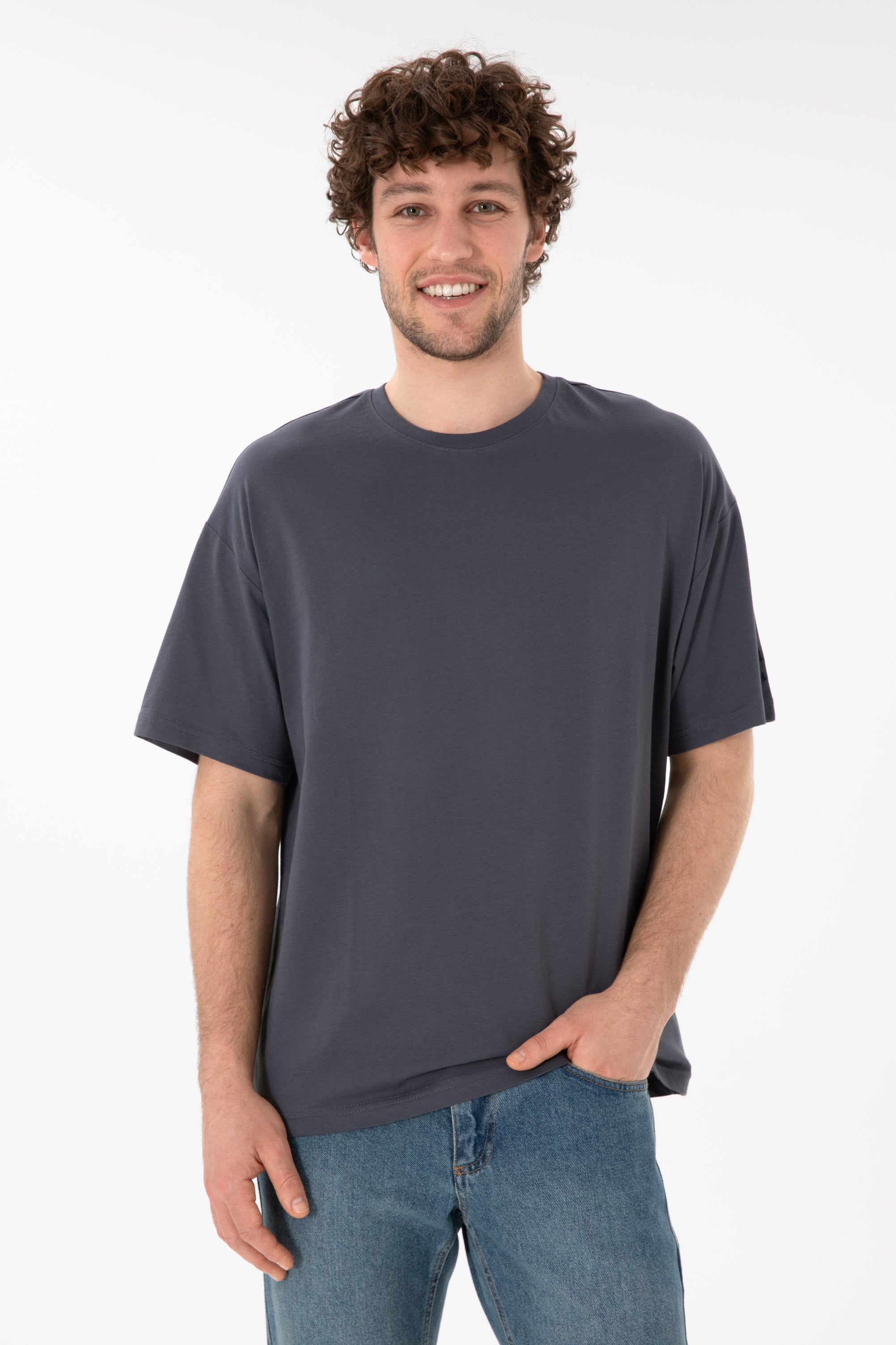 Tricou Bărbați Gri Petrol Cu Guler Rotund Oversize