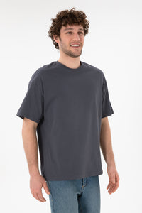 Tricou Bărbați Gri Petrol Cu Guler Rotund Oversize