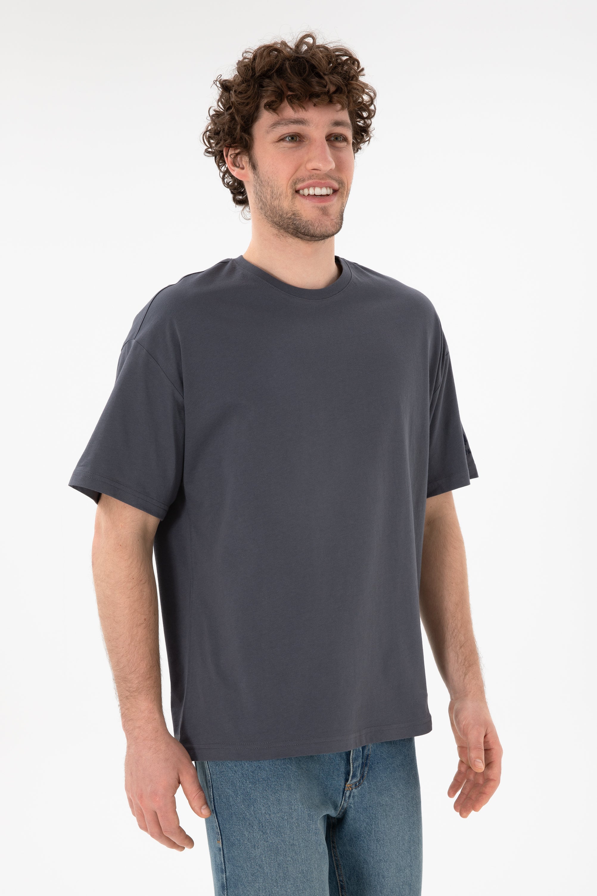 Tricou Bărbați Gri Petrol Cu Guler Rotund Oversize