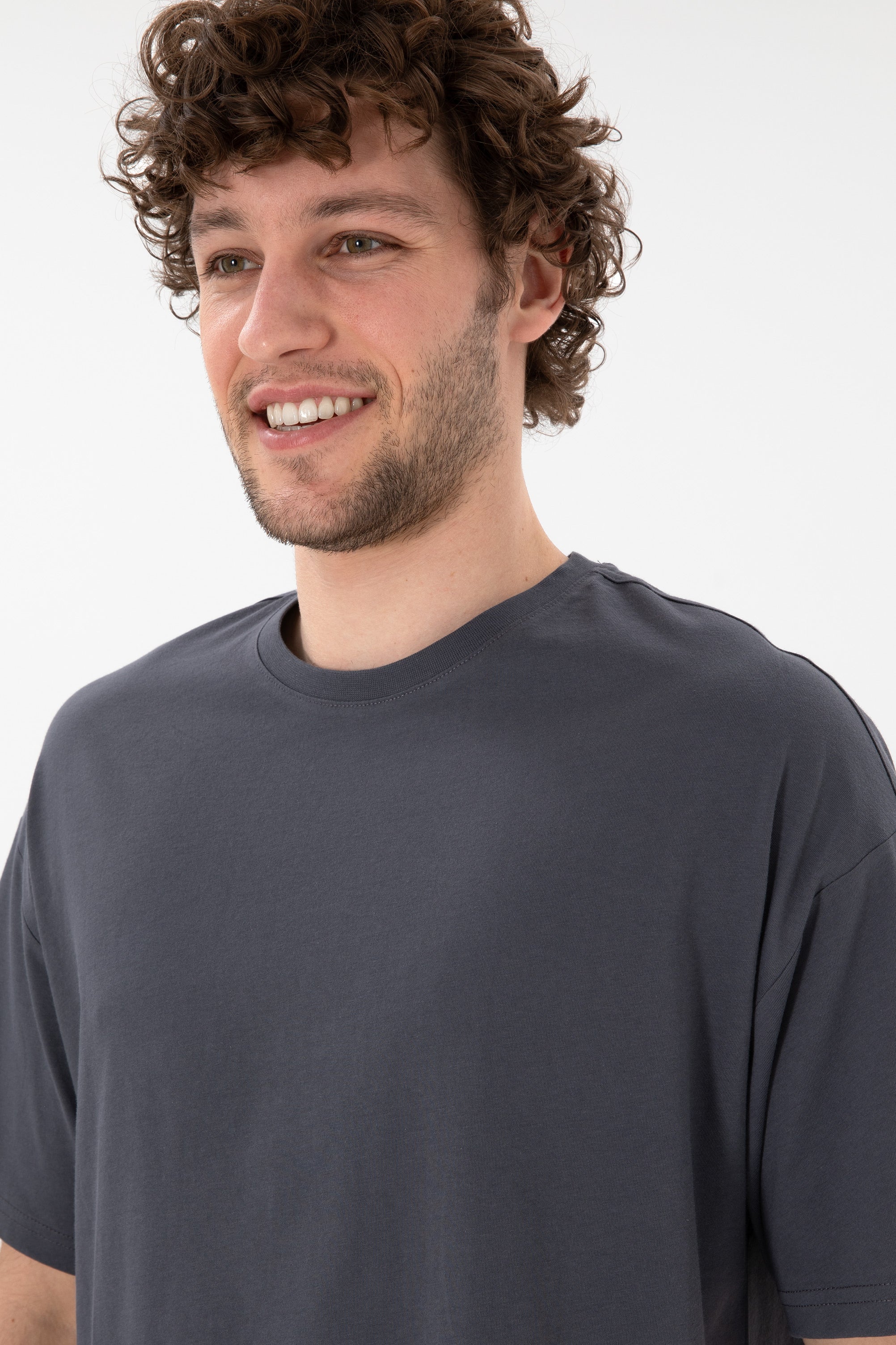 Tricou Bărbați Gri Petrol Cu Guler Rotund Oversize