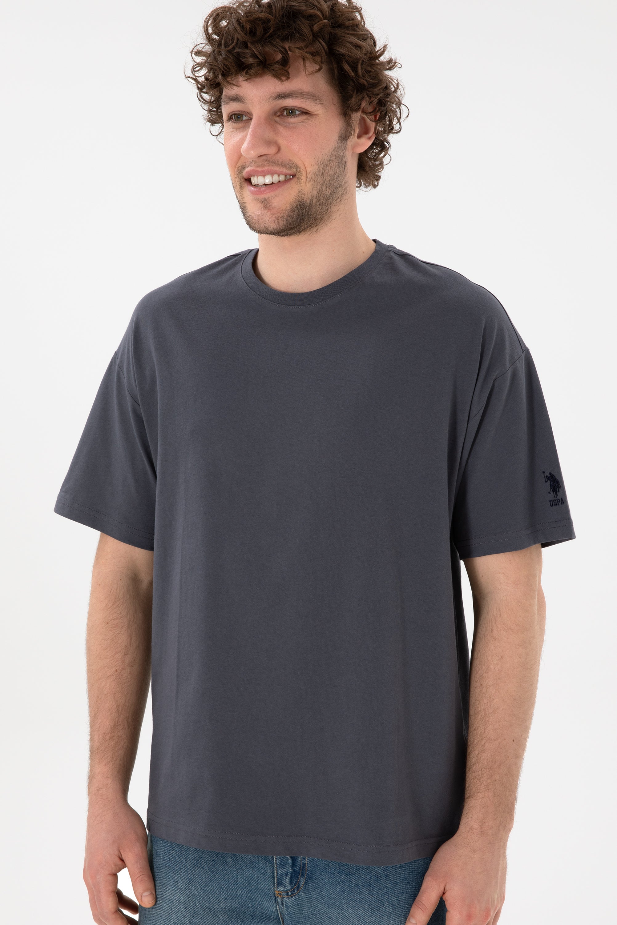 Tricou Bărbați Gri Petrol Cu Guler Rotund Oversize