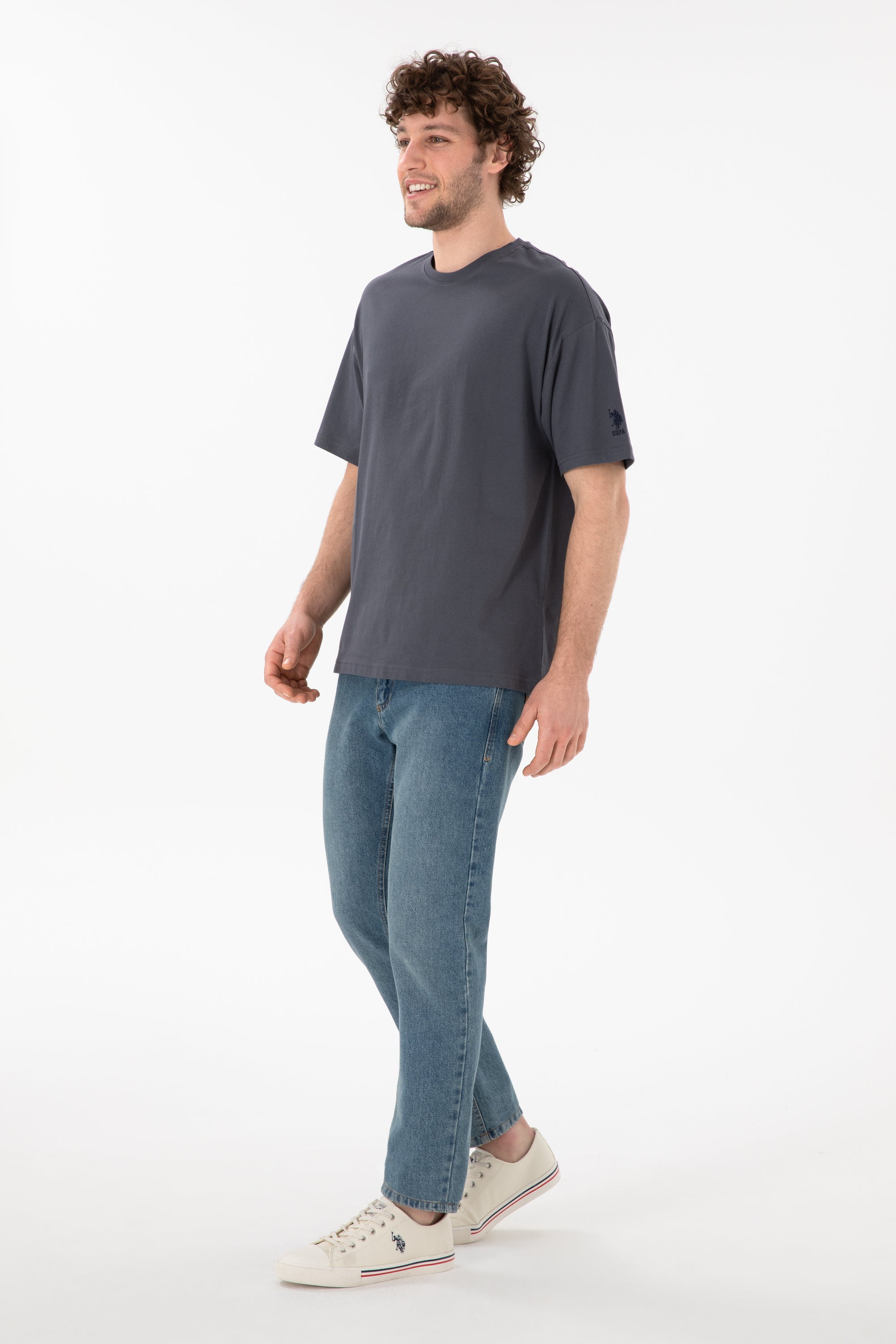 Tricou Bărbați Gri Petrol Cu Guler Rotund Oversize