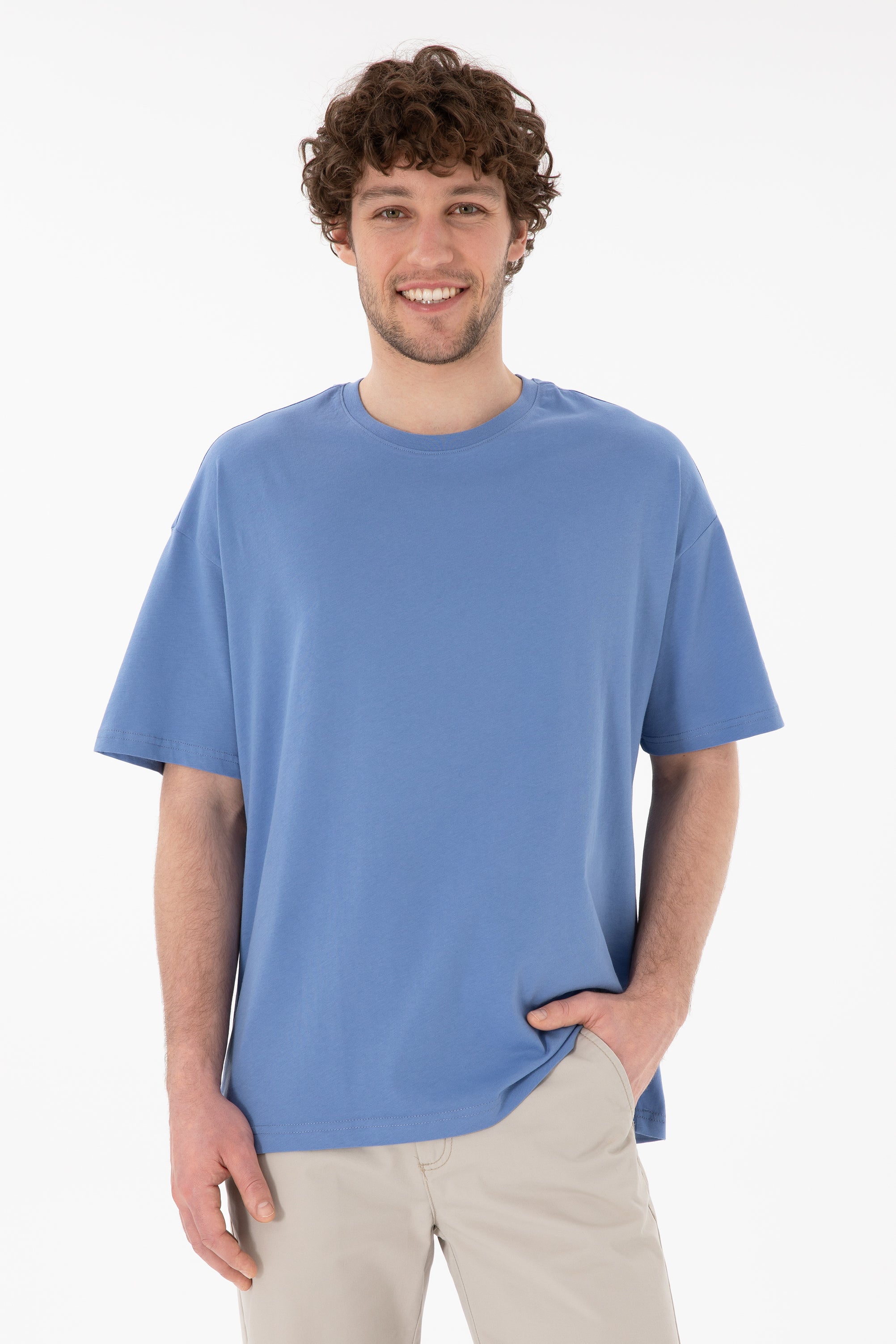 Tricou Bărbați Albastru Cu Guler Rotund Oversize