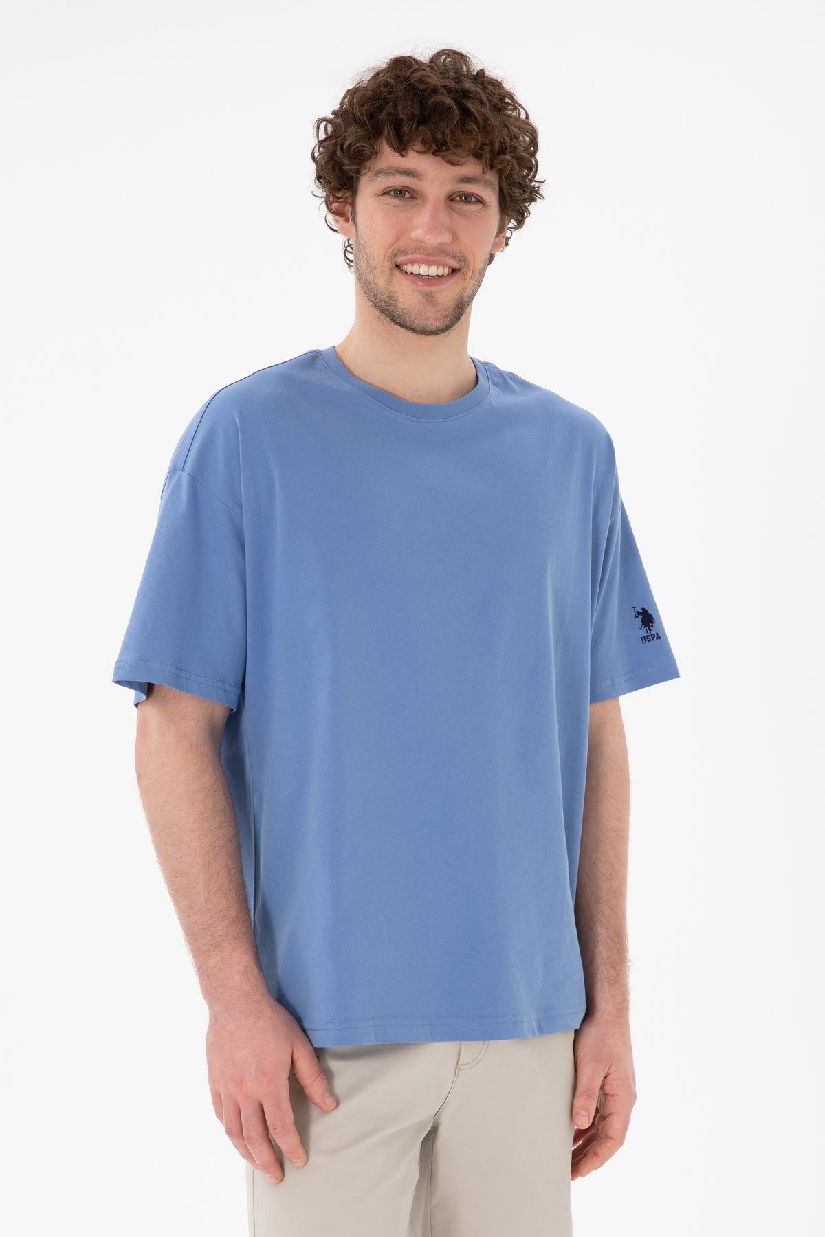 Tricou Bărbați Albastru Cu Guler Rotund Oversize