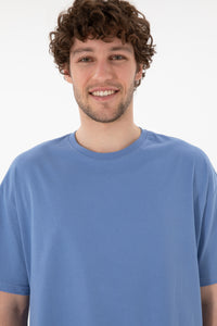 Tricou Bărbați Albastru Cu Guler Rotund Oversize