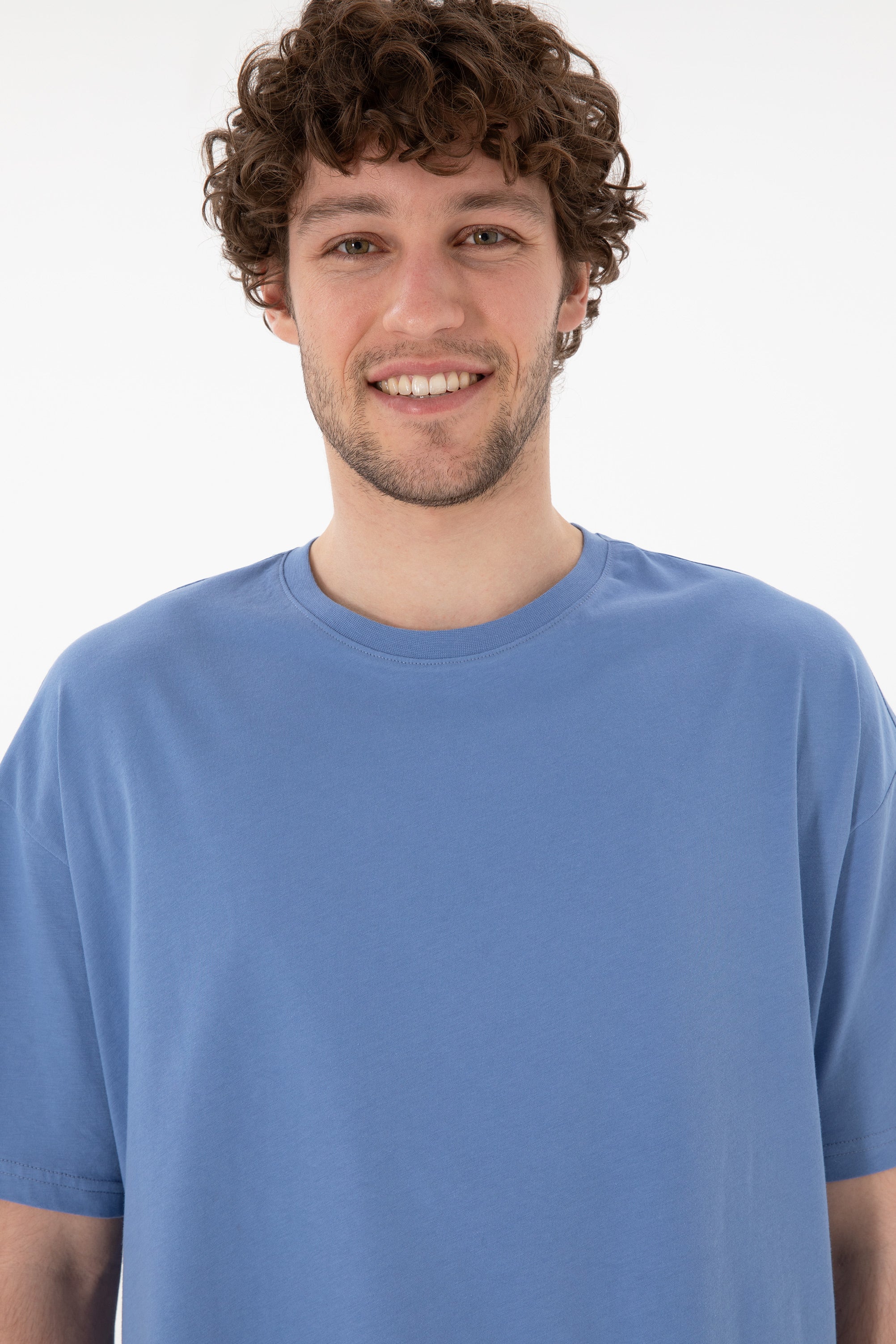 Tricou Bărbați Albastru Cu Guler Rotund Oversize