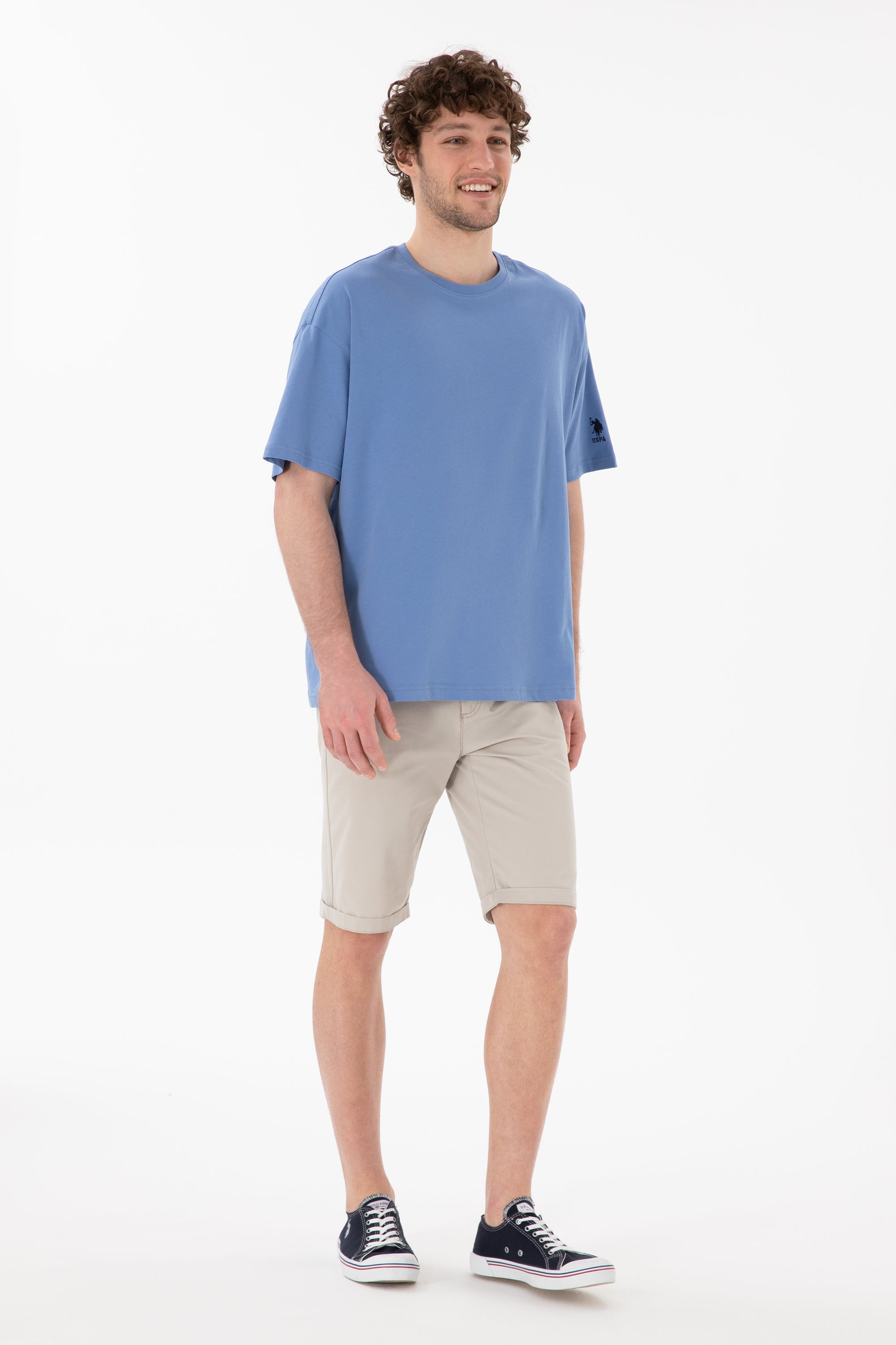 Tricou Bărbați Albastru Cu Guler Rotund Oversize