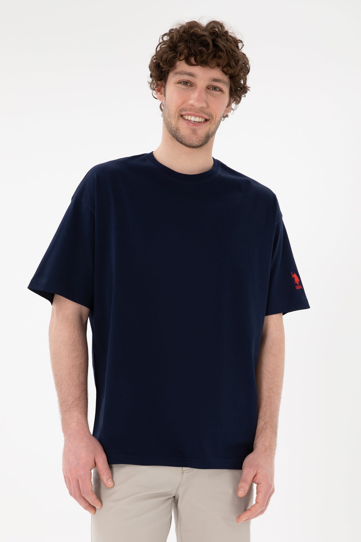Tricou Bărbați Bleumarin Cu Guler Rotund Oversize