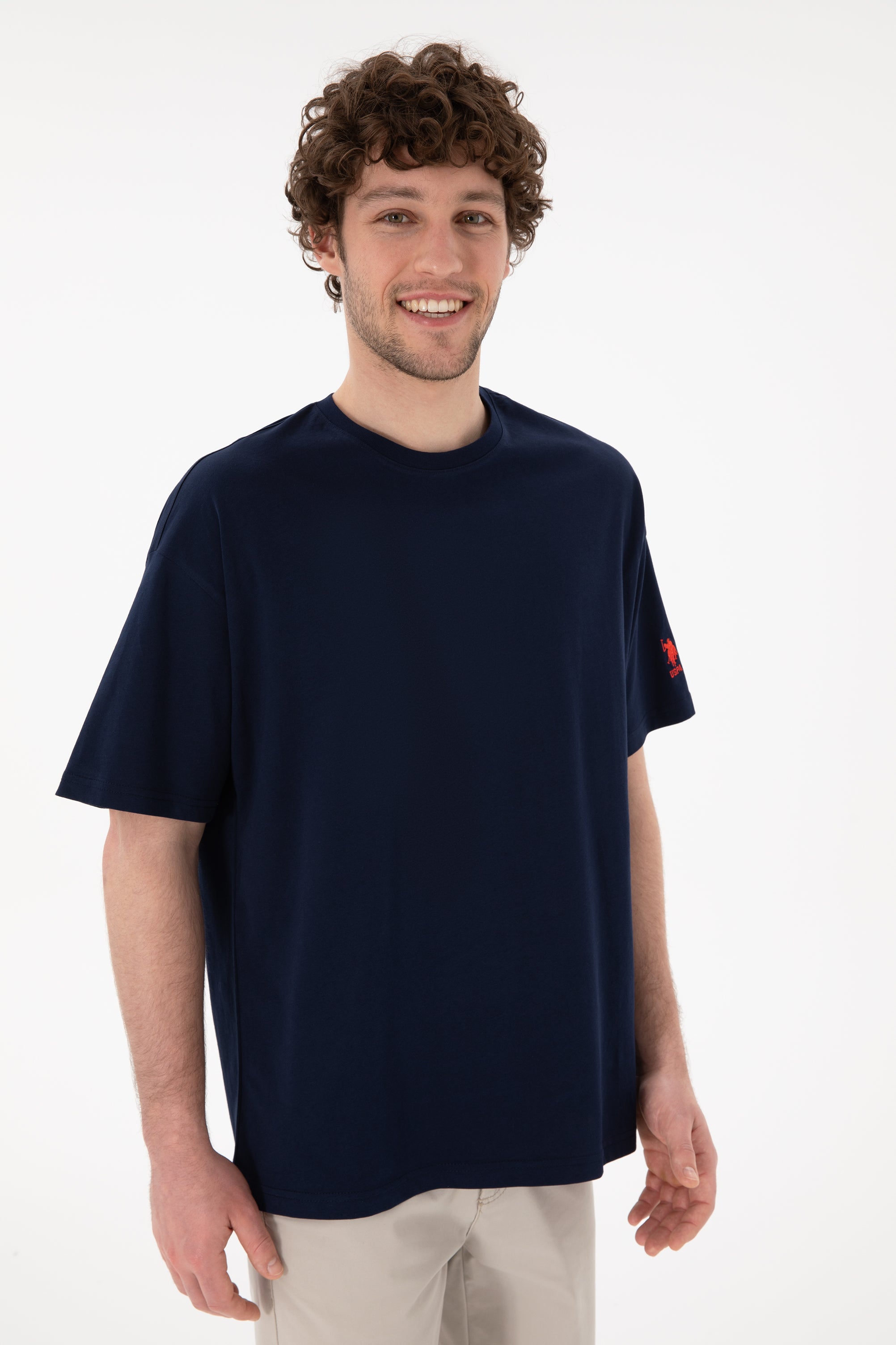 Tricou Bărbați Bleumarin Cu Guler Rotund Oversize