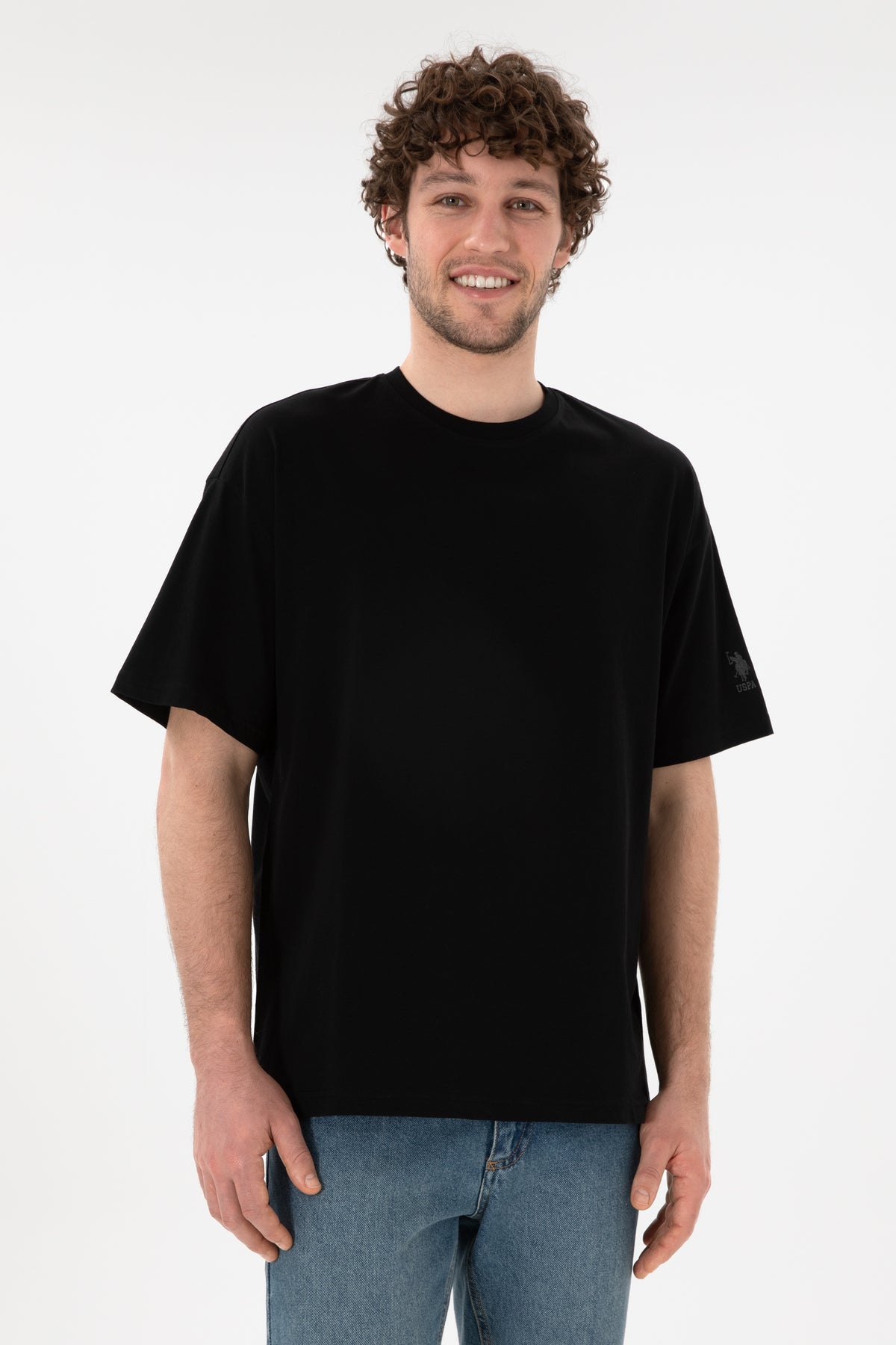Tricou Bărbați Negru Cu Guler Rotund Oversize