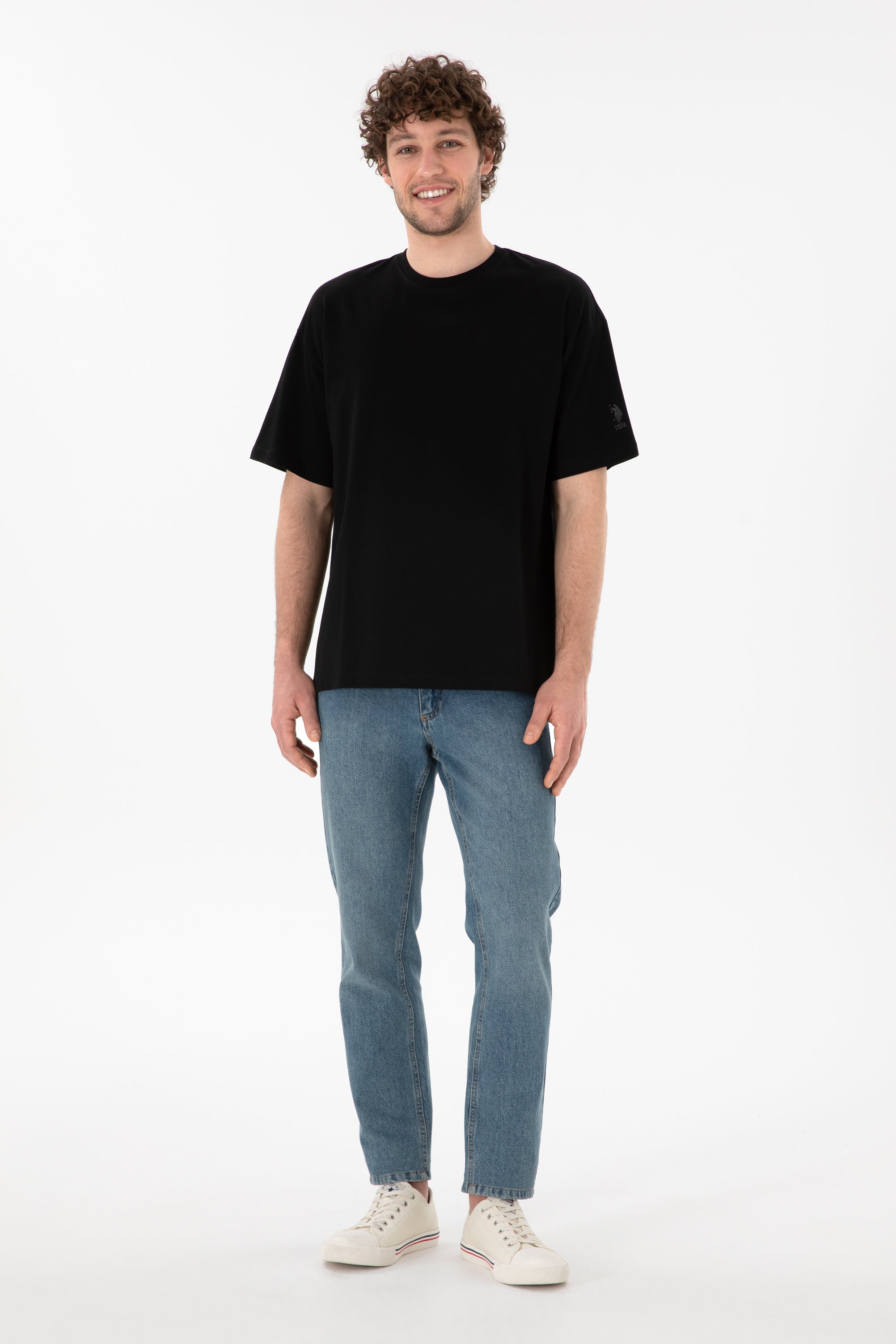 Tricou Bărbați Negru Cu Guler Rotund Oversize