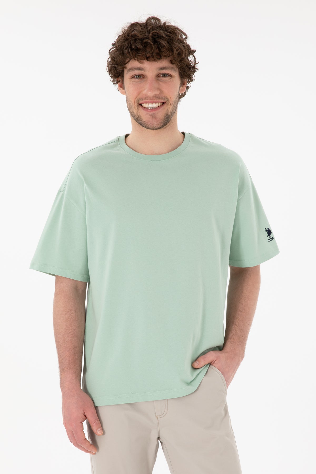 Tricou Bărbați Verde Pal Cu Guler Rotund Oversize