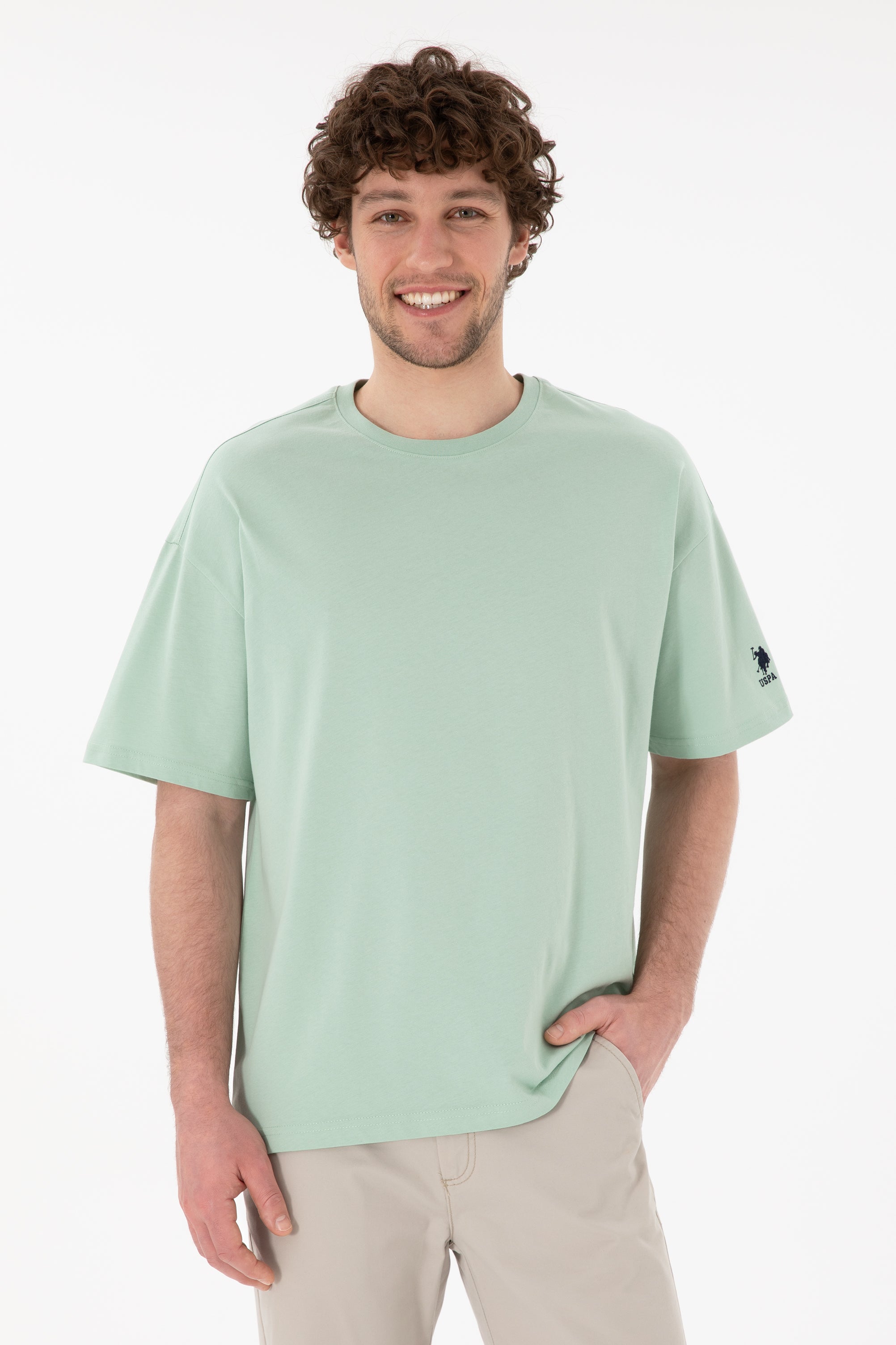 Tricou Bărbați Verde Pal Cu Guler Rotund Oversize