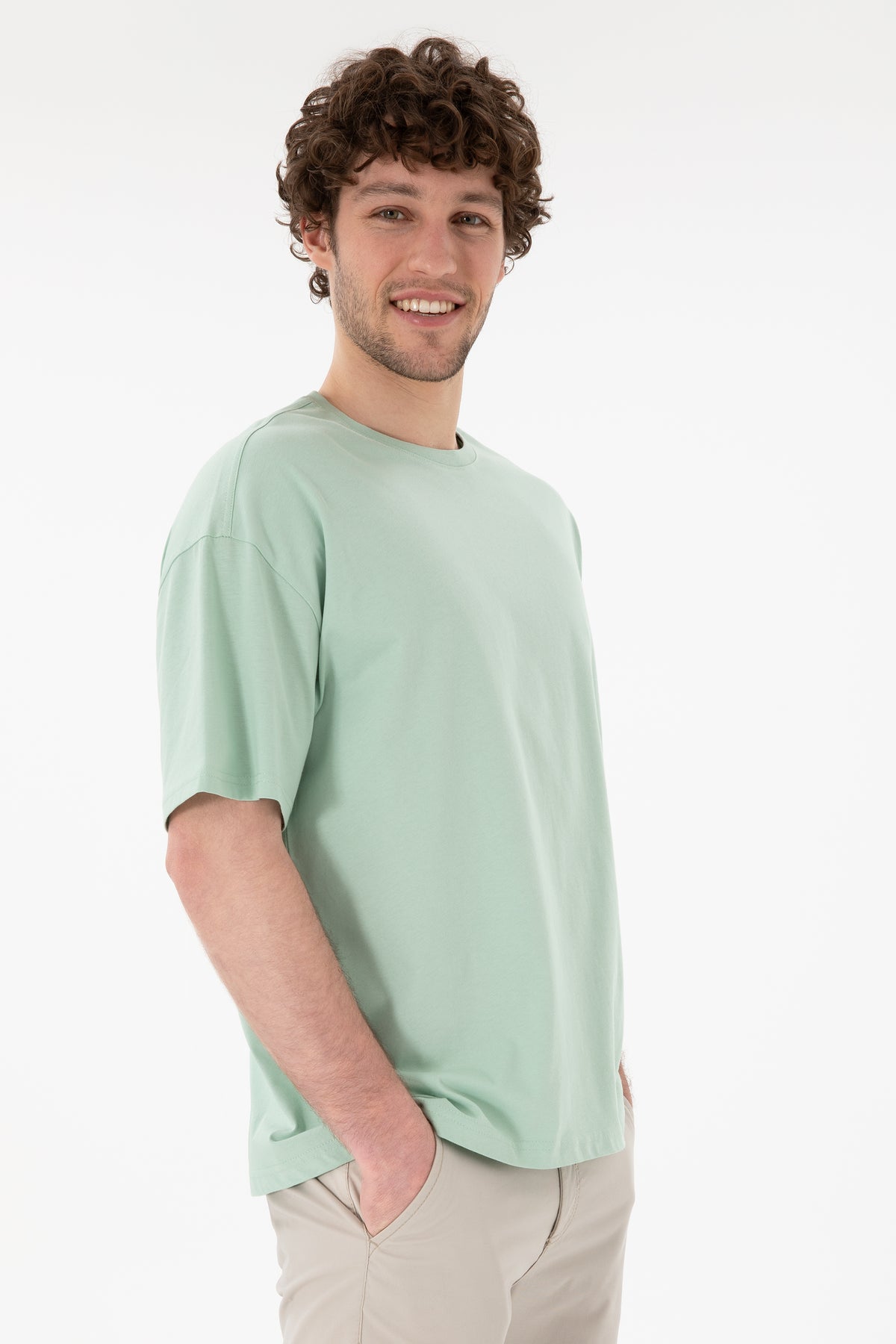 Tricou Bărbați Verde Pal Cu Guler Rotund Oversize