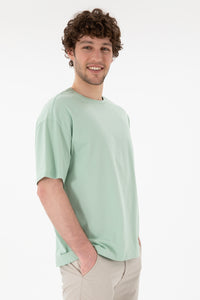 Tricou Bărbați Verde Pal Cu Guler Rotund Oversize