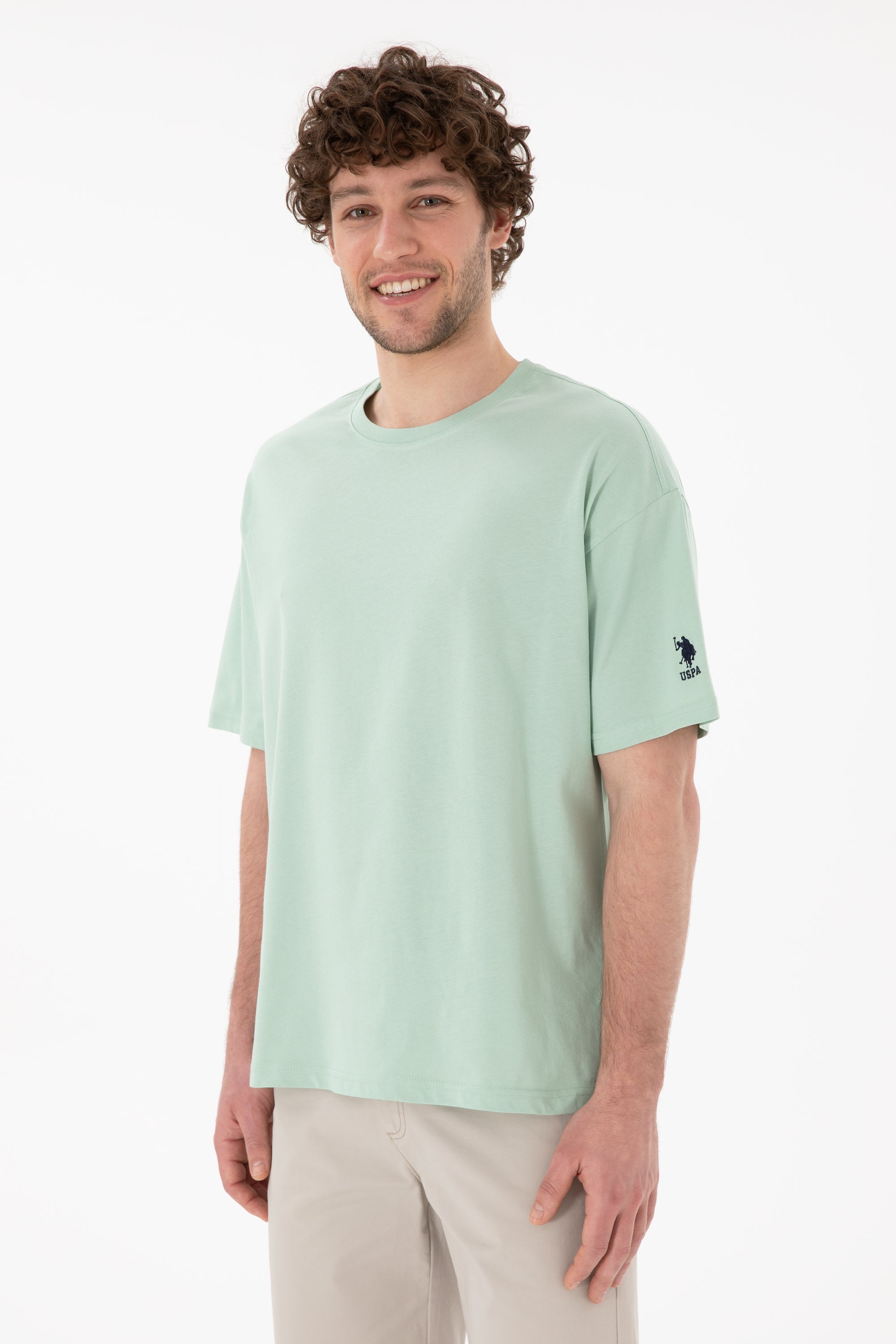 Tricou Bărbați Verde Pal Cu Guler Rotund Oversize