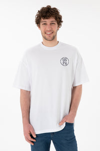 Tricou Bărbați Alb Cu Guler Rotund Și Print USPA Oversize