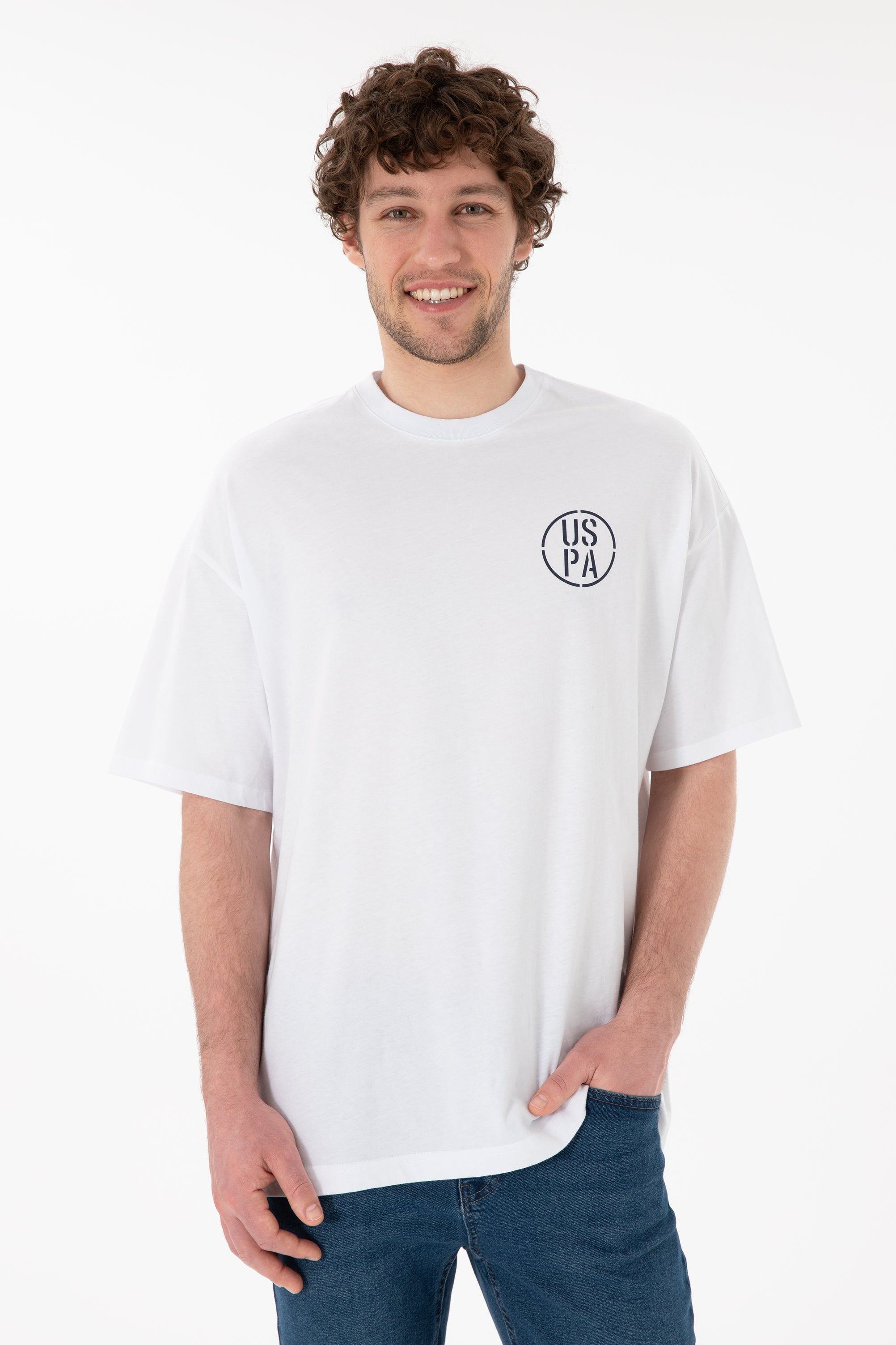 Tricou Bărbați Alb Cu Guler Rotund Și Print USPA Oversize