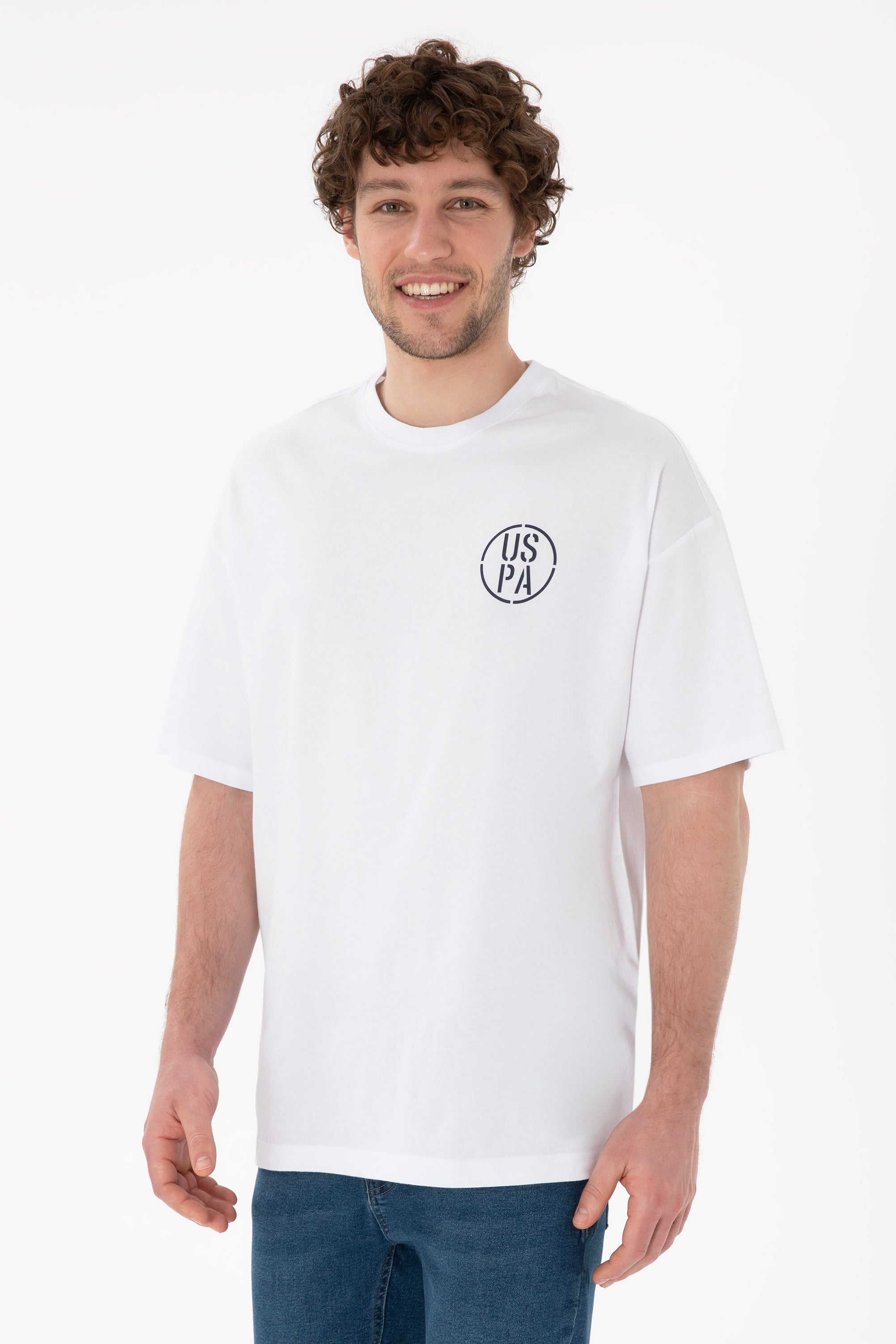 Tricou Bărbați Alb Cu Guler Rotund Și Print USPA Oversize