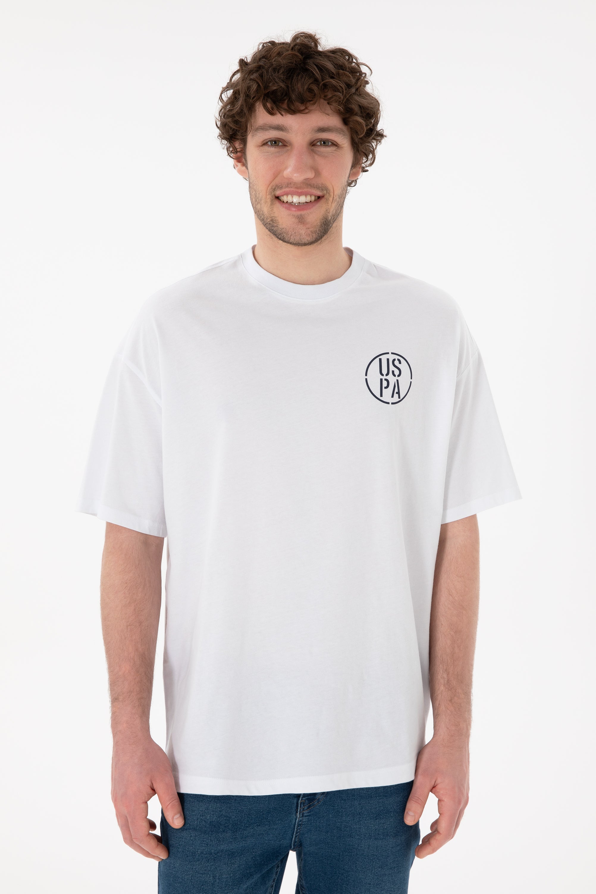 Tricou Bărbați Alb Cu Guler Rotund Și Print USPA Oversize