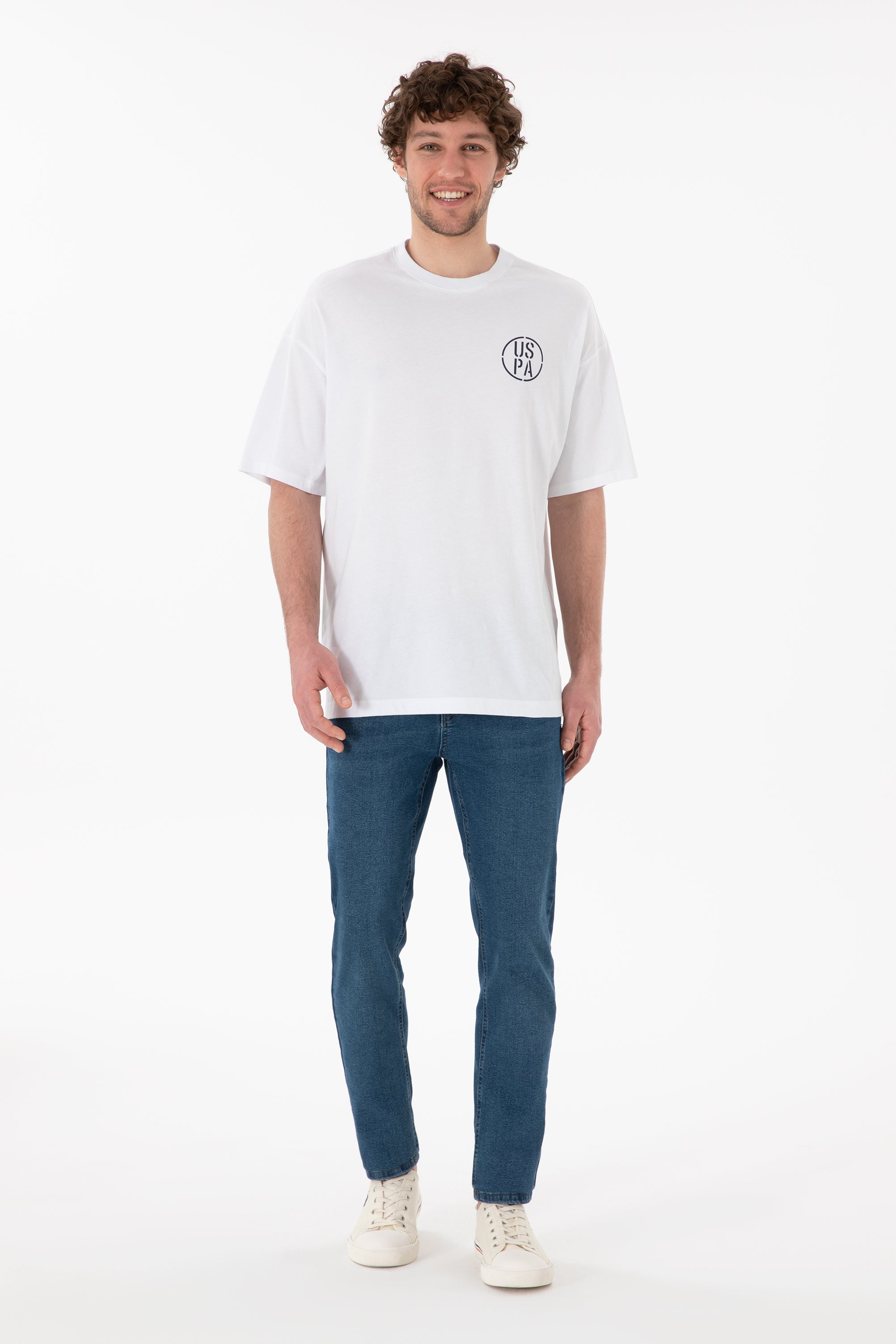 Tricou Bărbați Alb Cu Guler Rotund Și Print USPA Oversize