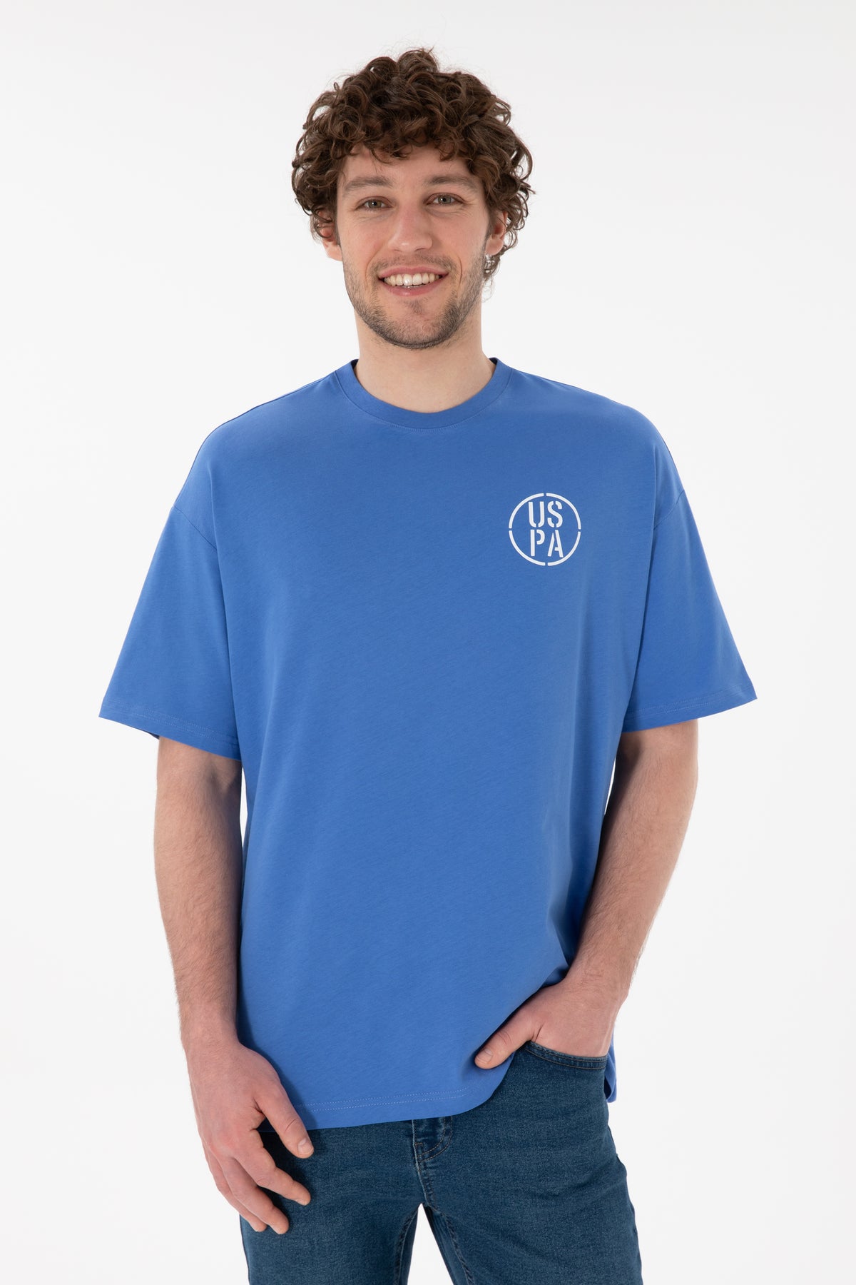 Tricou Bărbați Albastru Cu Guler Rotund Și Print USPA Oversize