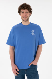 Tricou Bărbați Albastru Cu Guler Rotund Și Print USPA Oversize