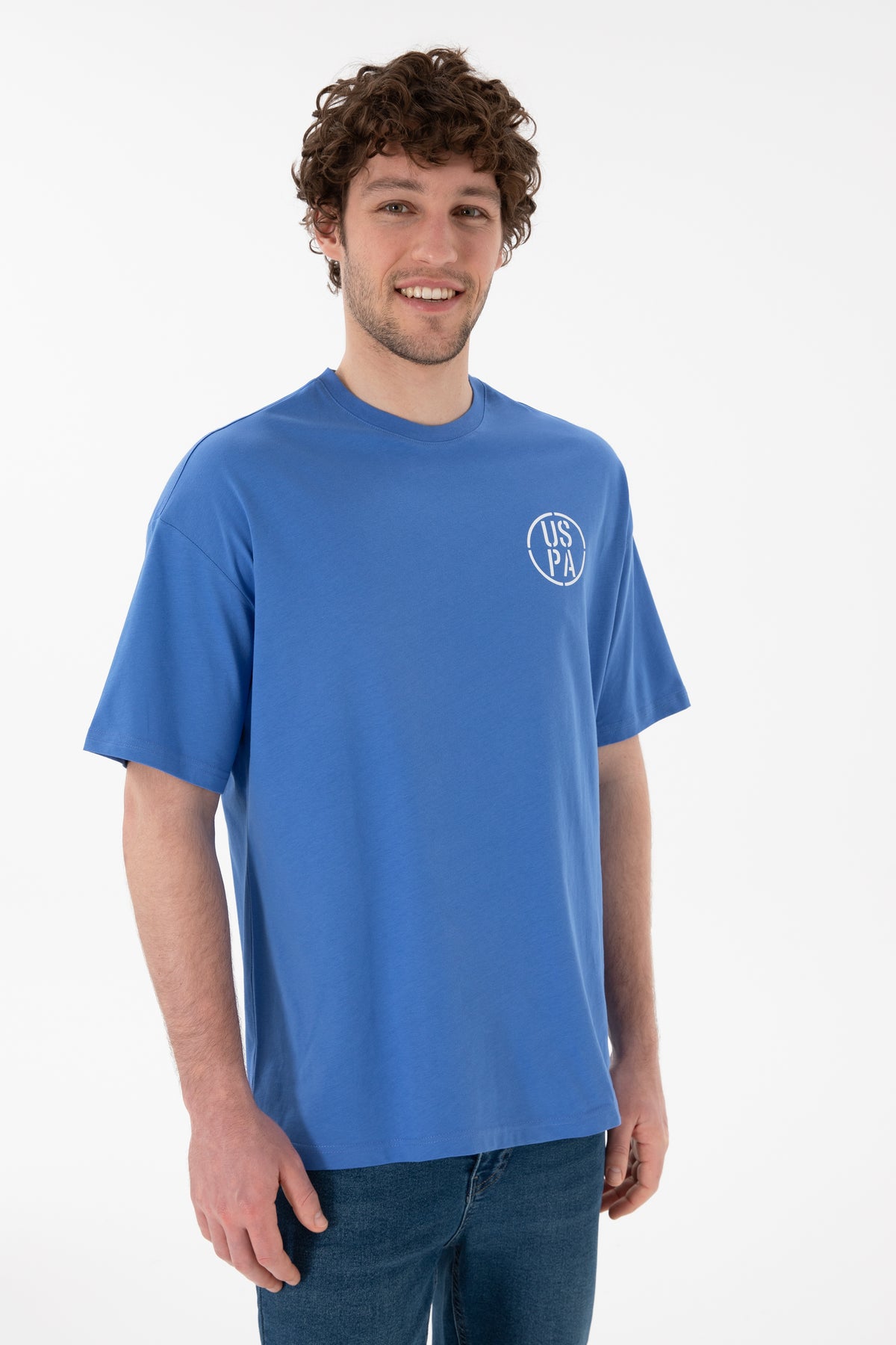 Tricou Bărbați Albastru Cu Guler Rotund Și Print USPA Oversize