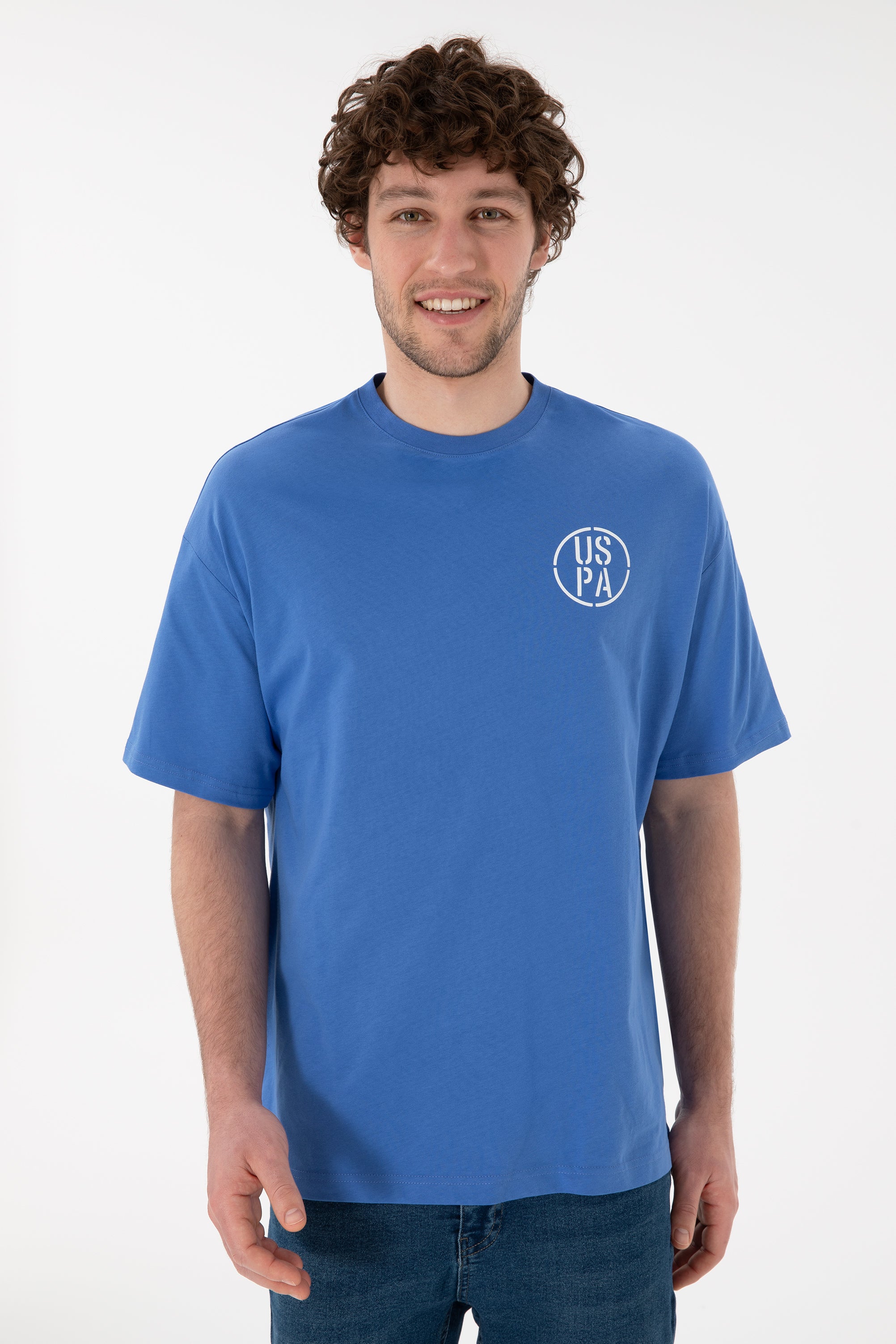 Tricou Bărbați Albastru Cu Guler Rotund Și Print USPA Oversize