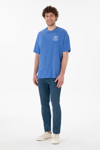 Tricou Bărbați Albastru Cu Guler Rotund Și Print USPA Oversize