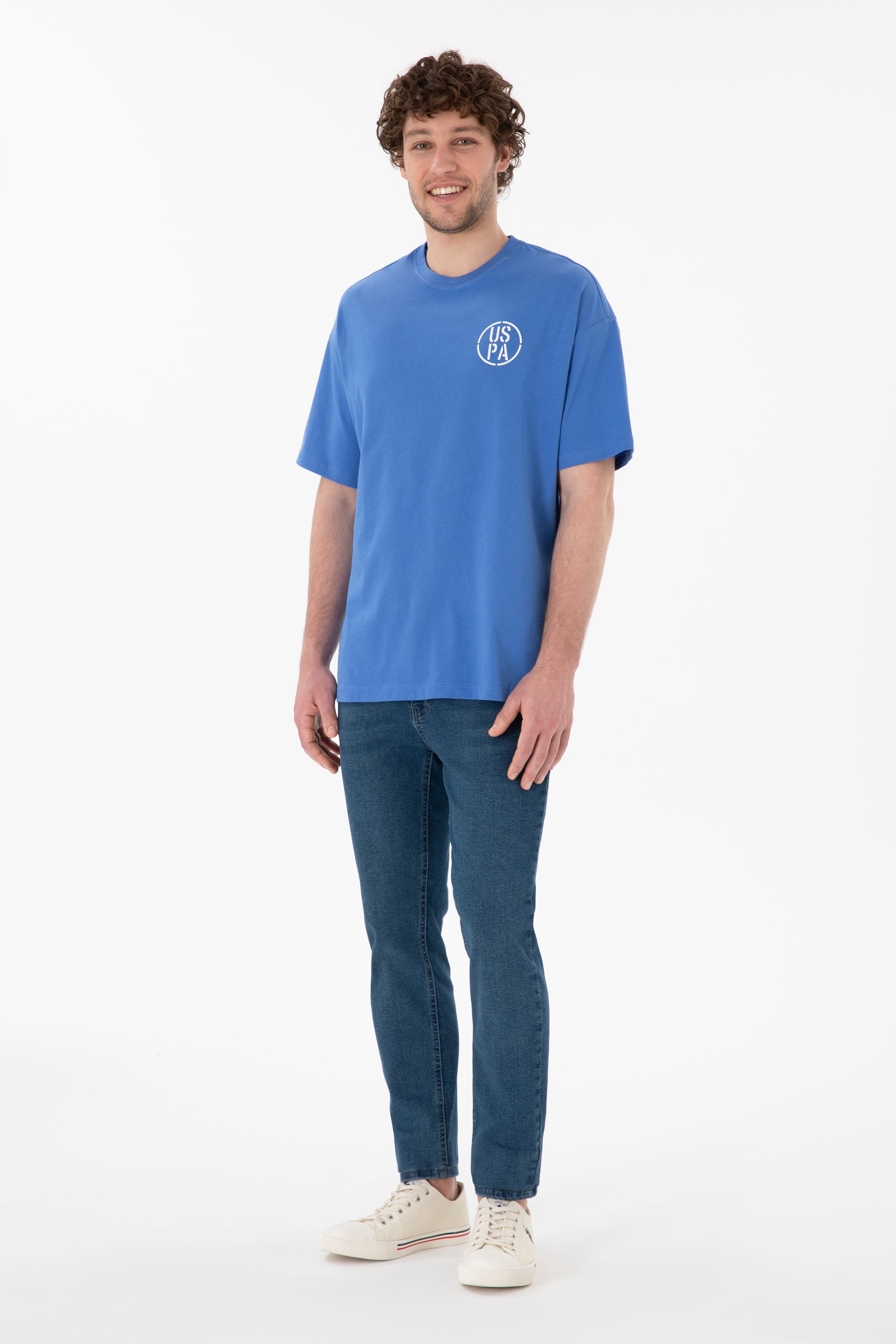 Tricou Bărbați Albastru Cu Guler Rotund Și Print USPA Oversize