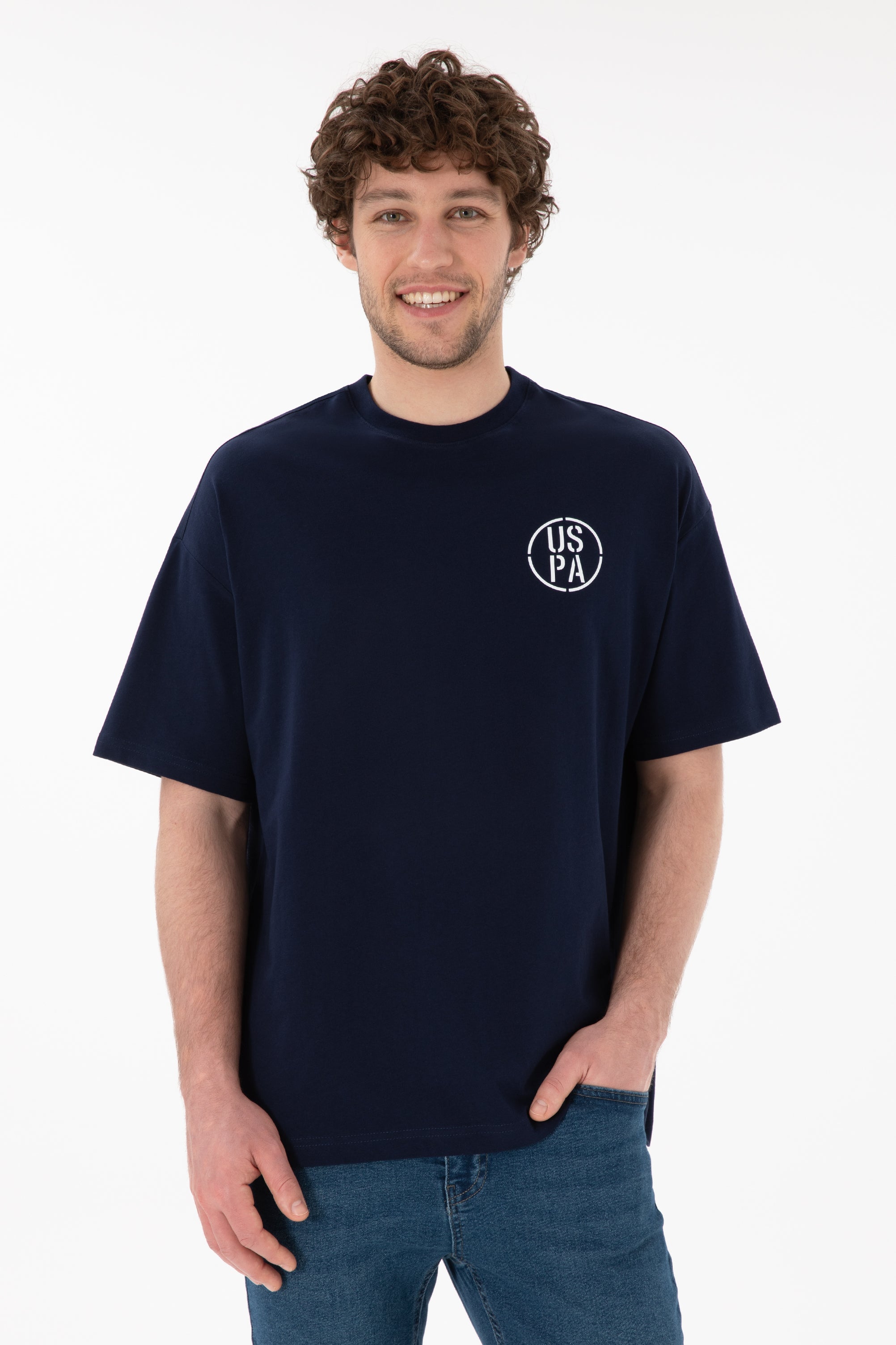 Tricou Bărbați Bleumarin Cu Guler Rotund Și Print USPA Oversize