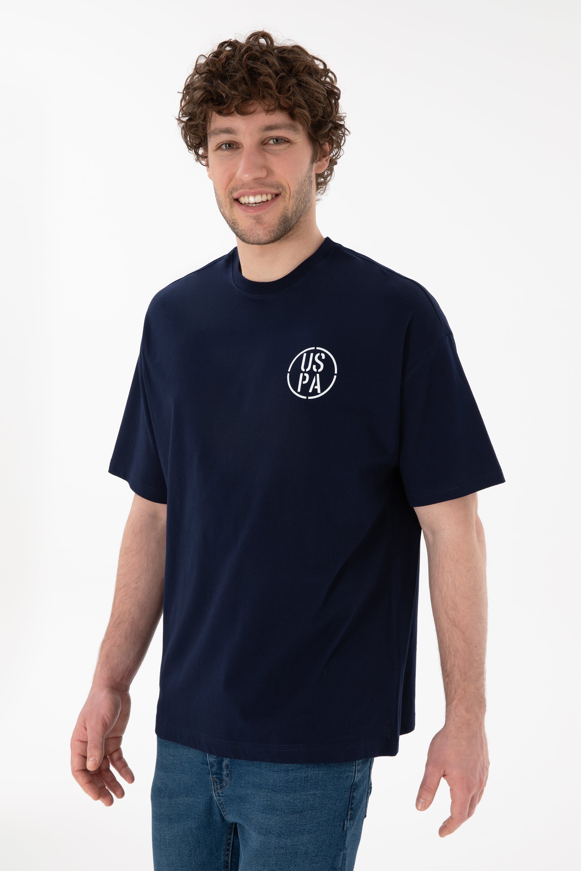 Tricou Bărbați Bleumarin Cu Guler Rotund Și Print USPA Oversize