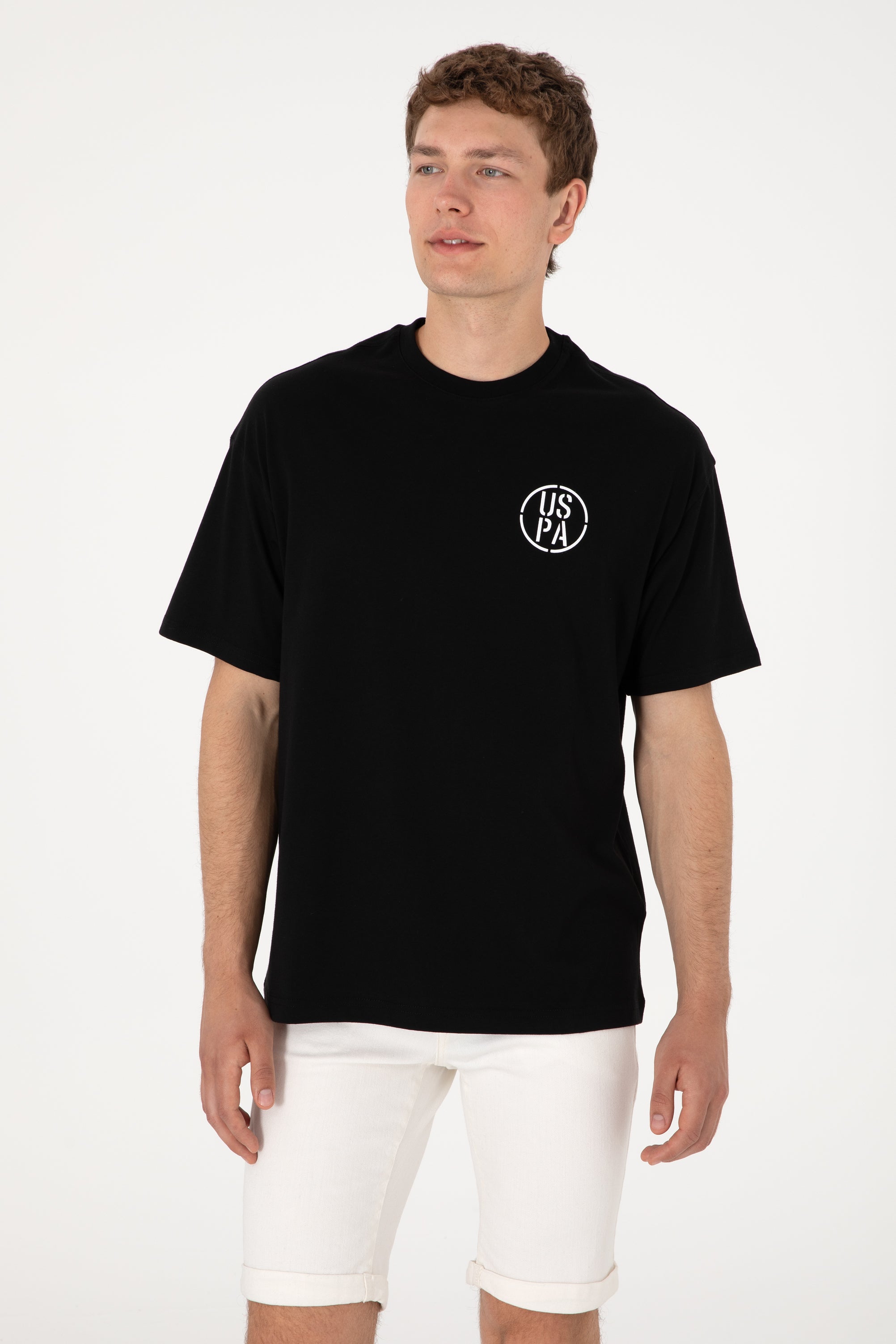 Tricou Bărbați Negru Cu Guler Rotund Și Print USPA Oversize