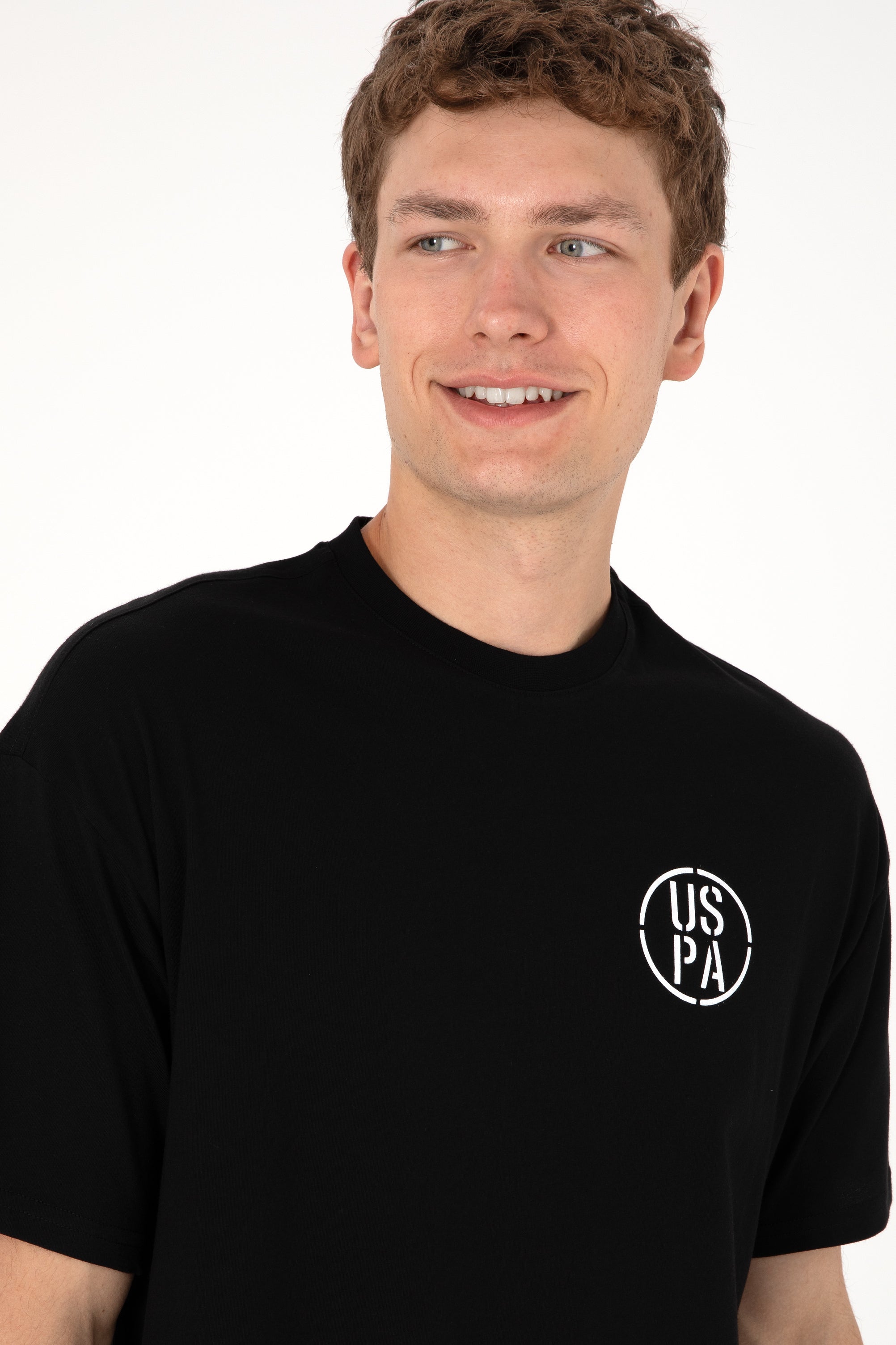 Tricou Bărbați Negru Cu Guler Rotund Și Print USPA Oversize