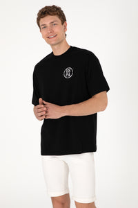 Tricou Bărbați Negru Cu Guler Rotund Și Print USPA Oversize