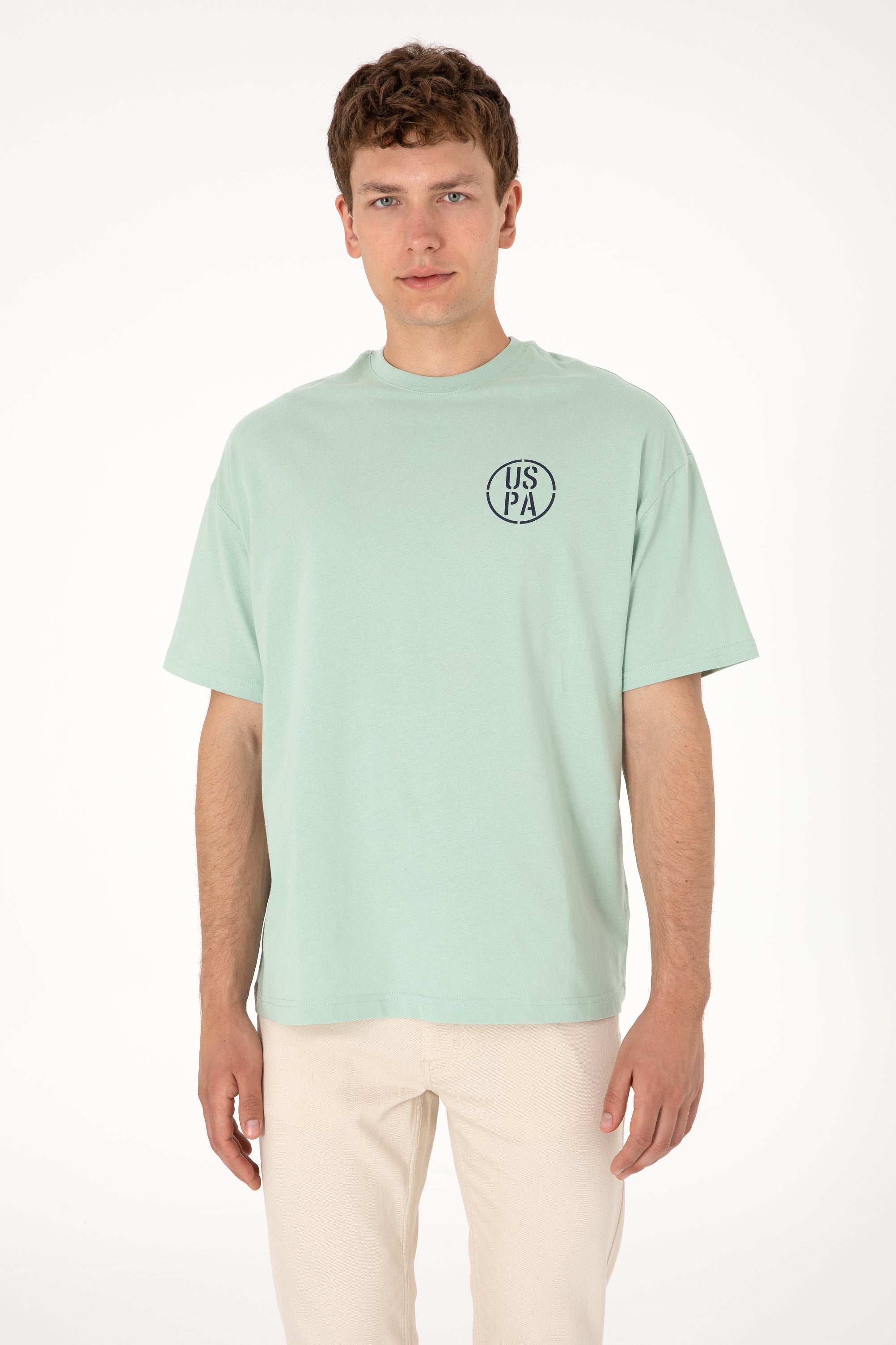 Tricou Bărbați Verde Pal Cu Guler Rotund Și Print USPA Oversize