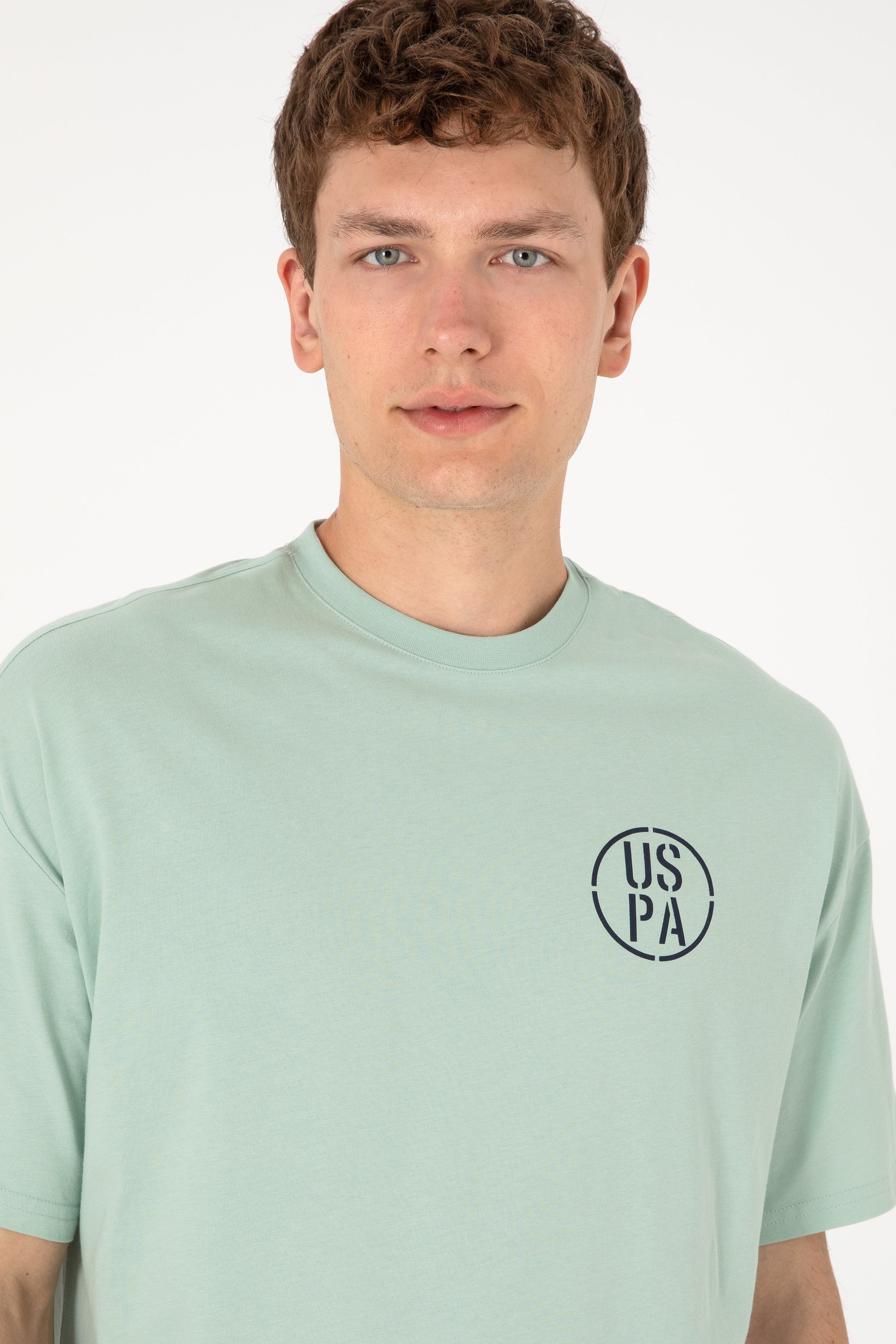 Tricou Bărbați Verde Pal Cu Guler Rotund Și Print USPA Oversize