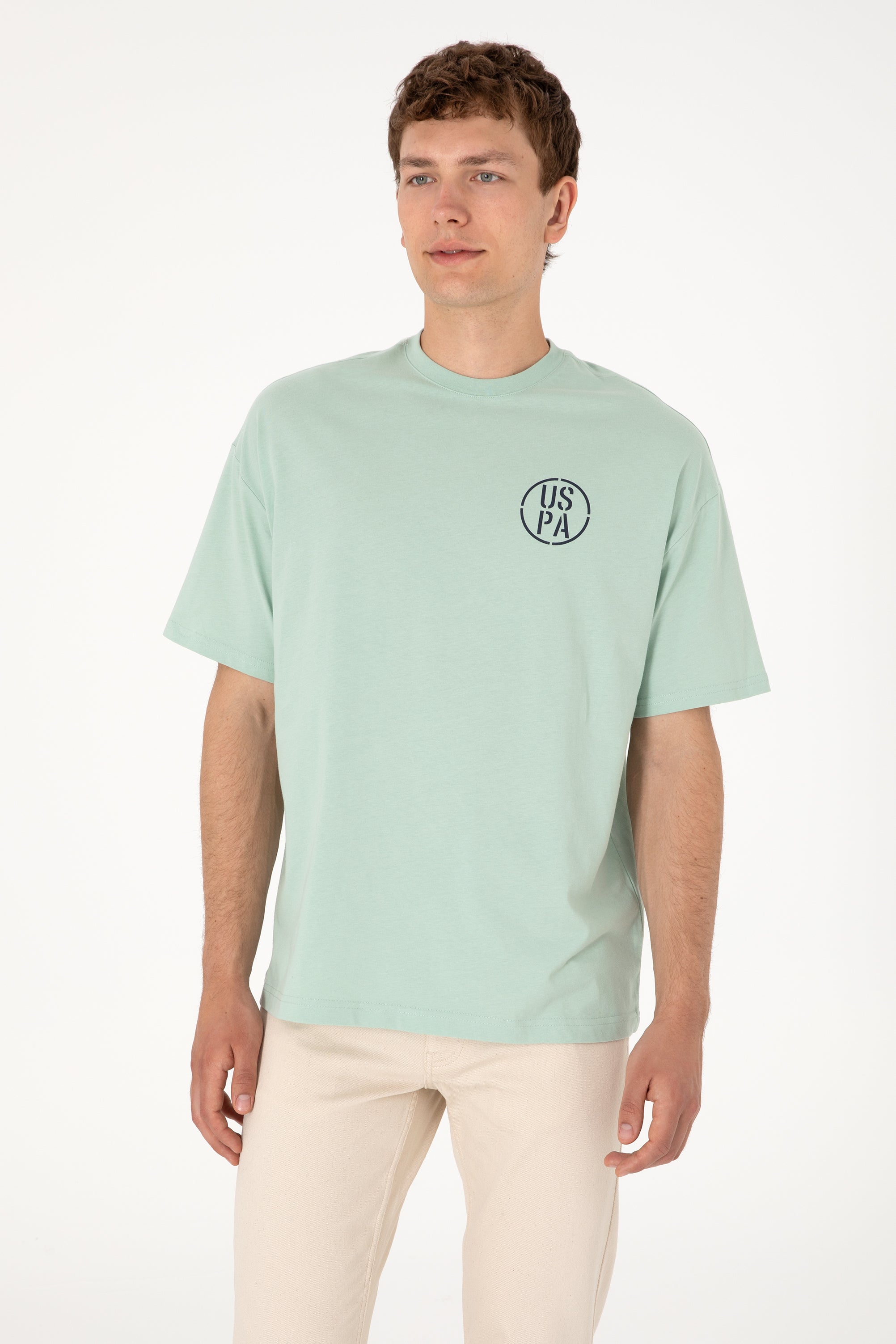 Tricou Bărbați Verde Pal Cu Guler Rotund Și Print USPA Oversize