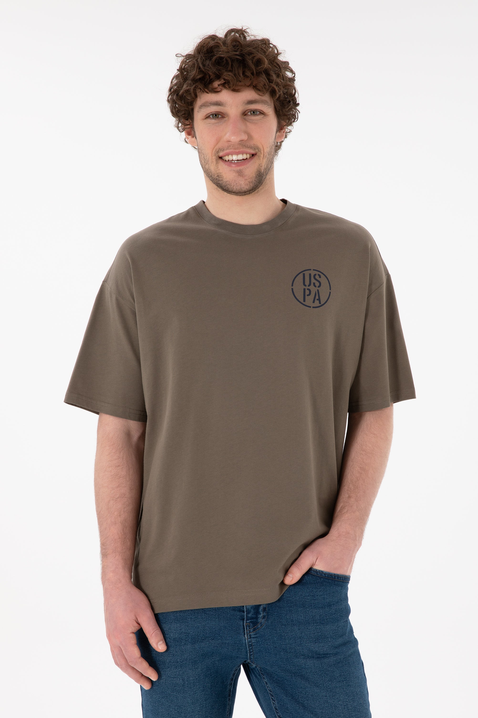 Tricou Bărbați Maro Cu Guler Rotund Și Print USPA Oversize