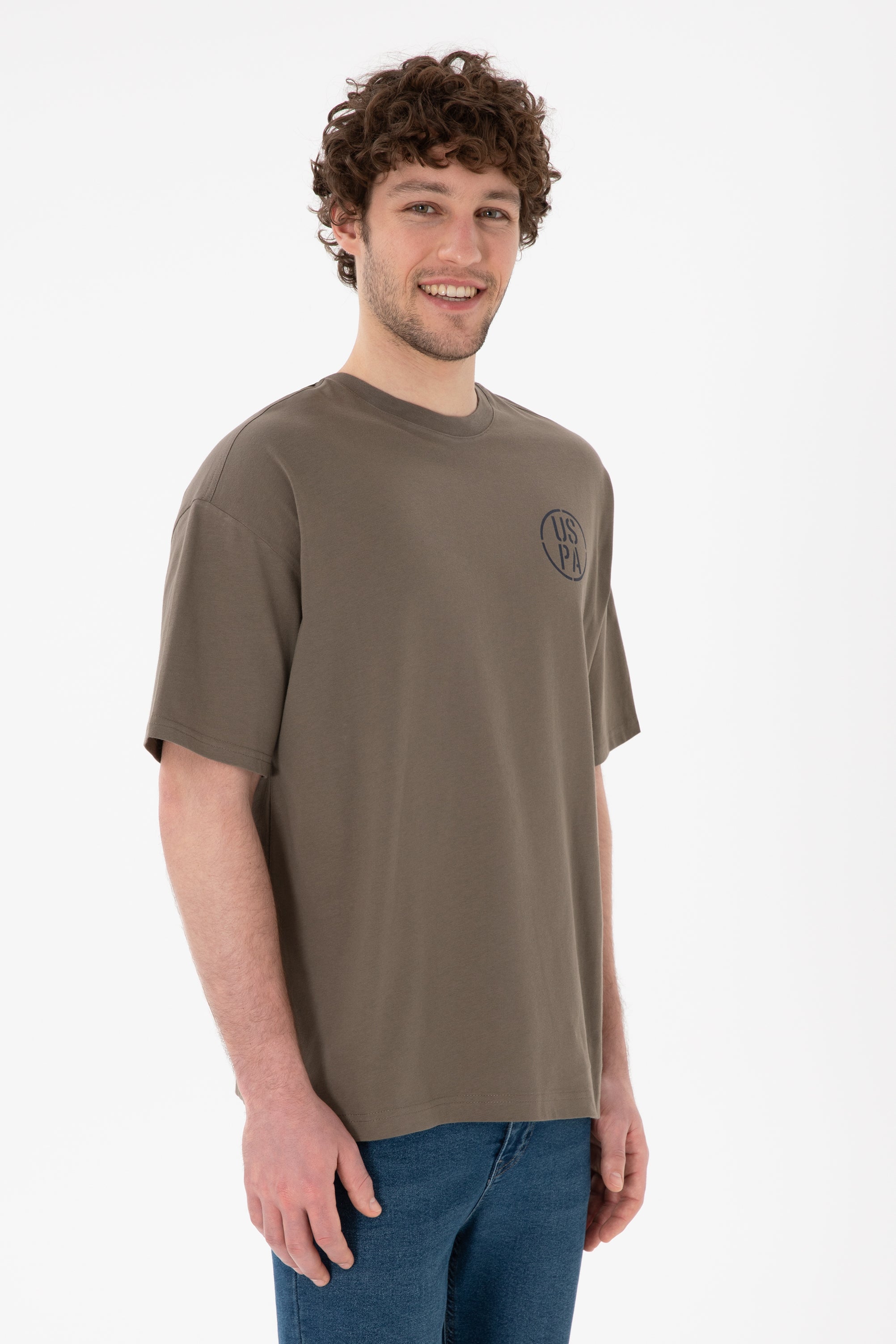 Tricou Bărbați Maro Cu Guler Rotund Și Print USPA Oversize