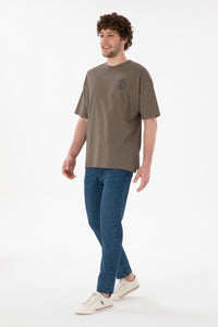 Tricou Bărbați Maro Cu Guler Rotund Și Print USPA Oversize