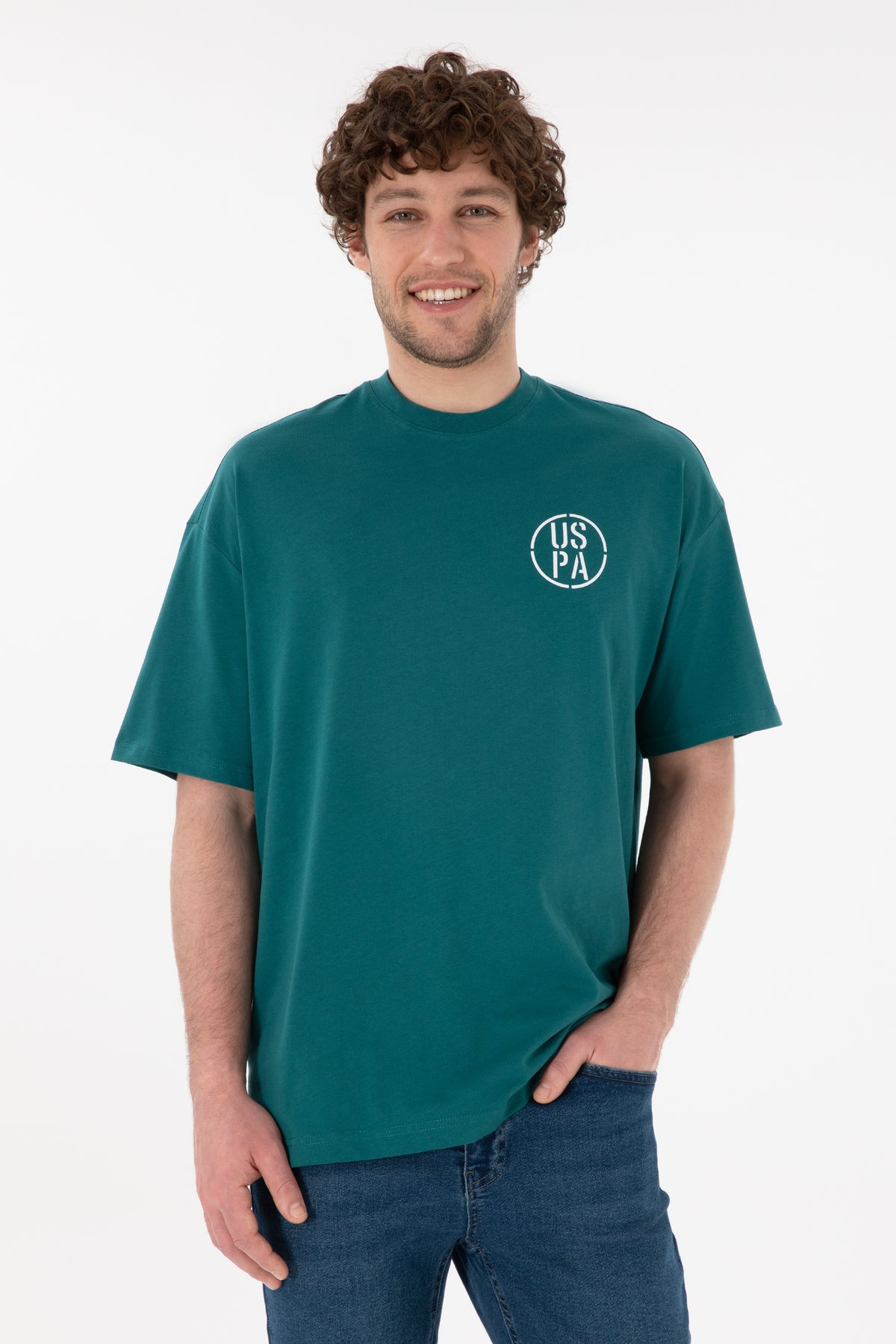 Tricou Bărbați Verde Smarald Cu Guler Rotund Și Print USPA Oversize
