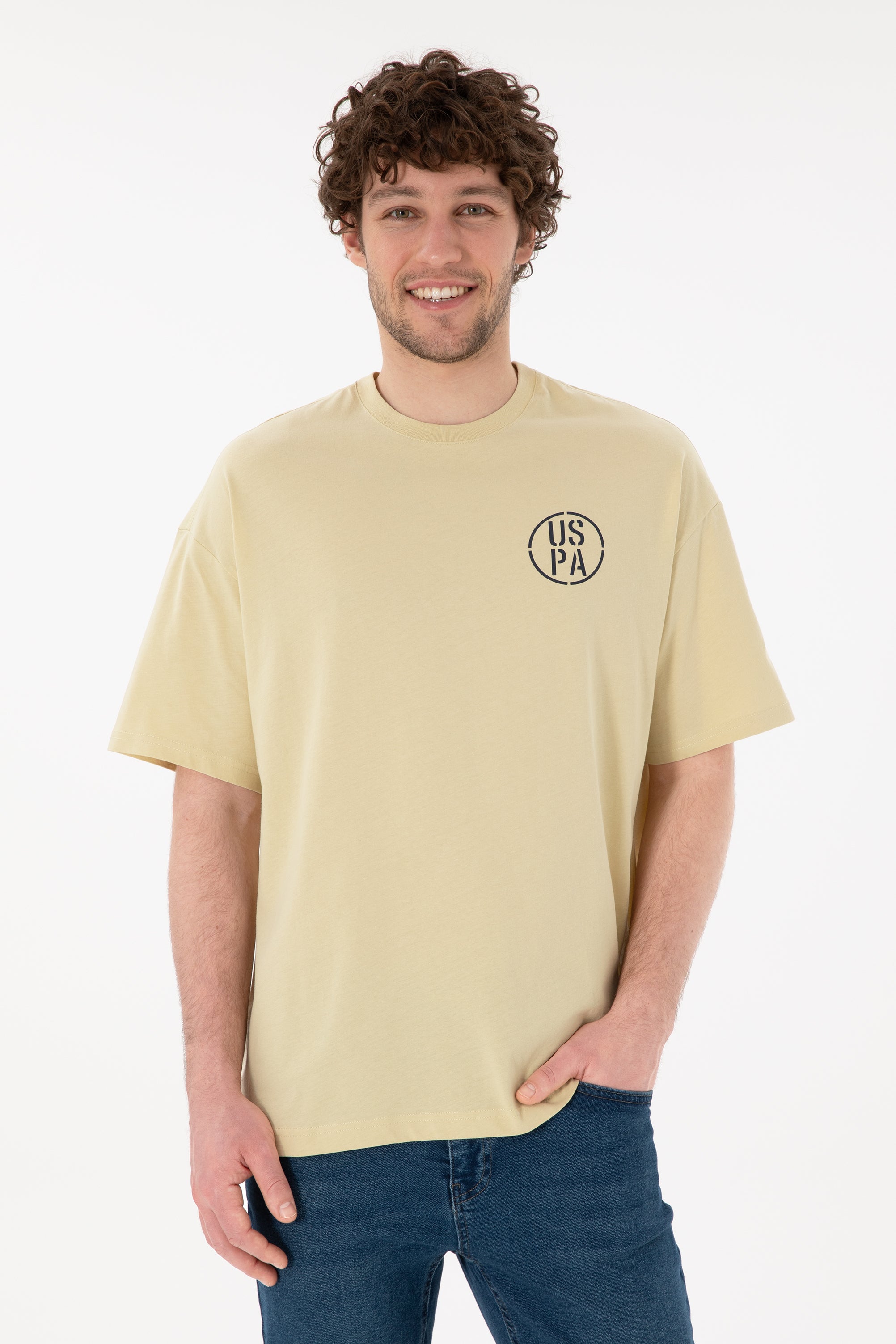 Tricou Bărbați Verde Fistic Cu Guler Rotund Și Print USPA Oversize