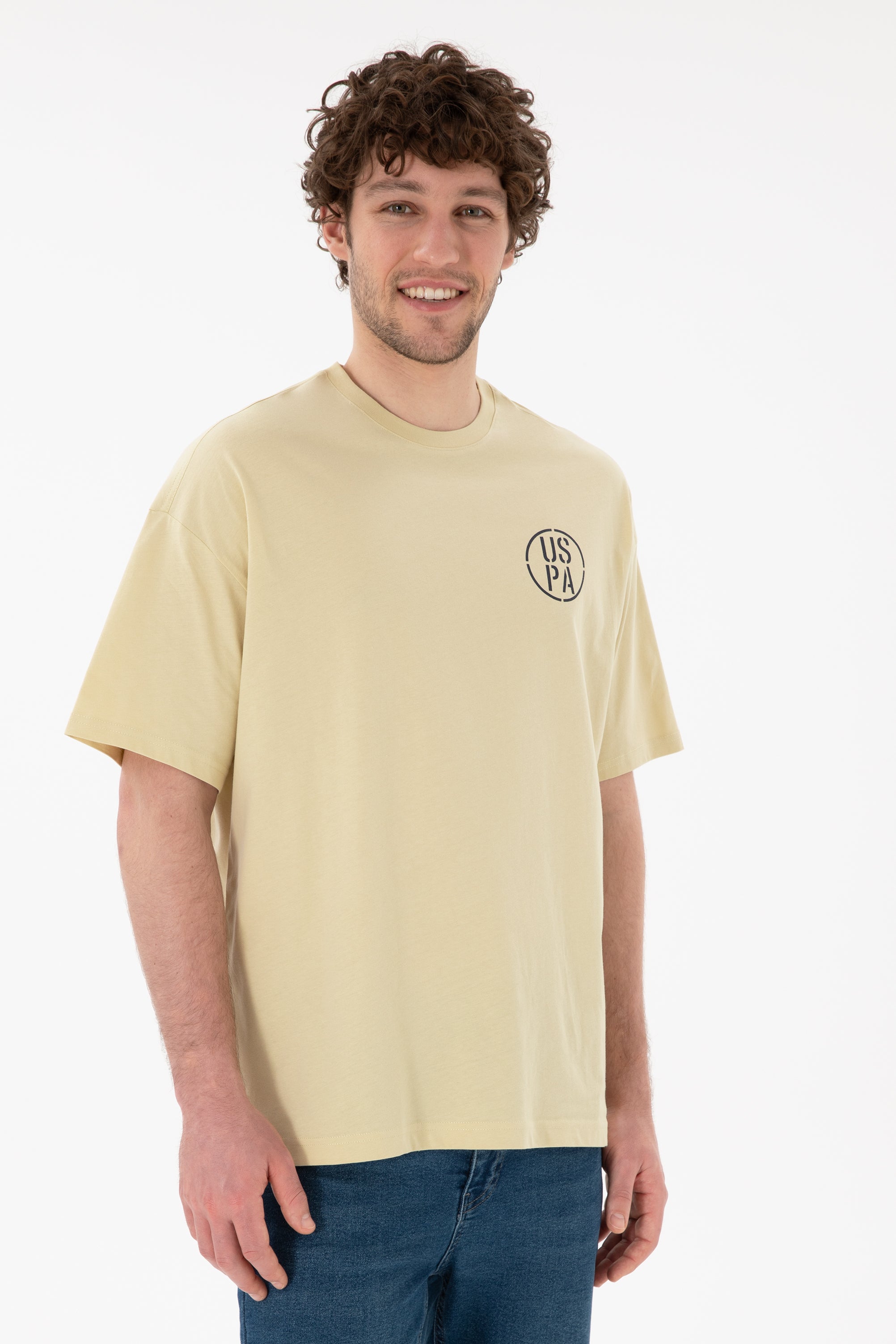 Tricou Bărbați Verde Fistic Cu Guler Rotund Și Print USPA Oversize