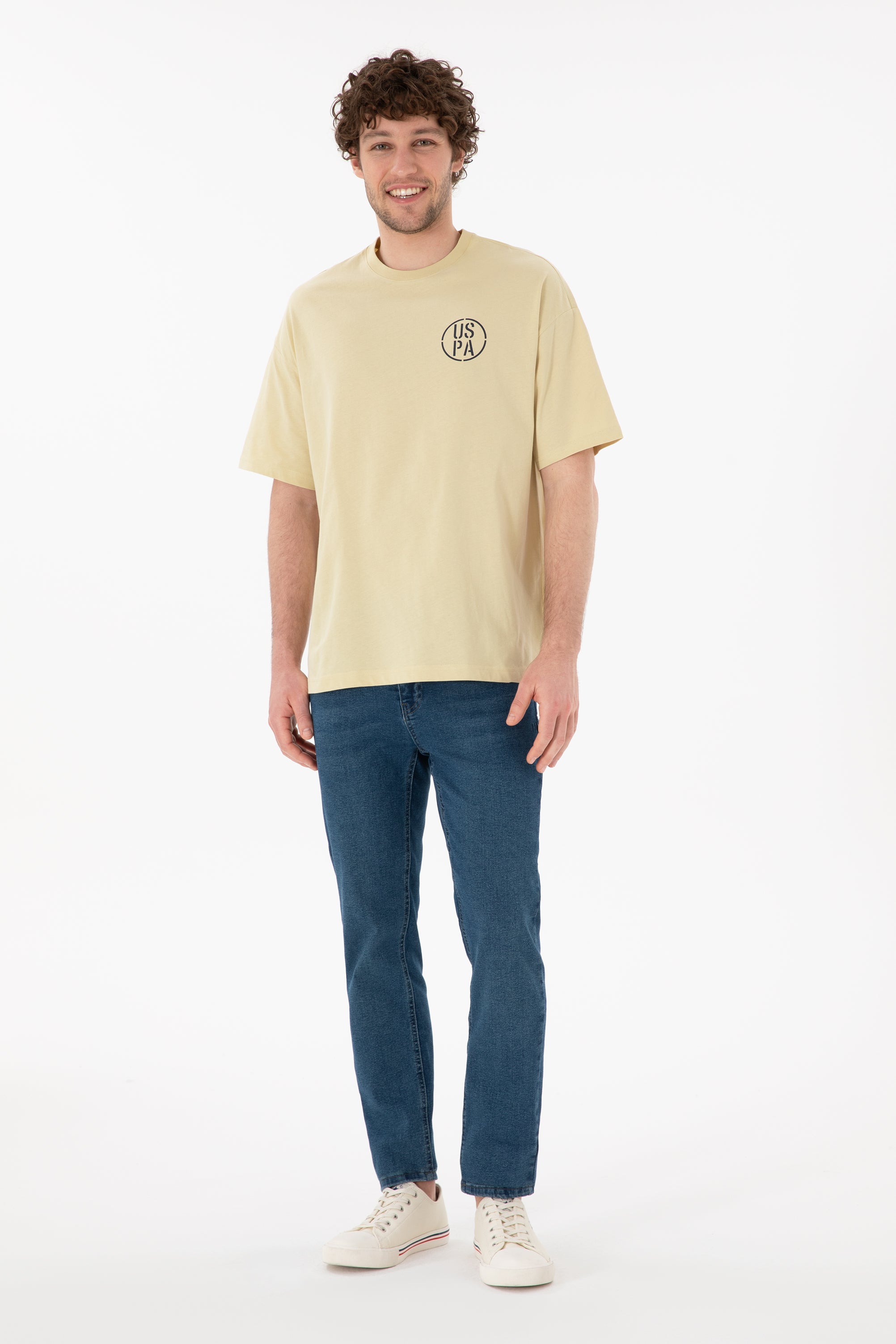 Tricou Bărbați Verde Fistic Cu Guler Rotund Și Print USPA Oversize